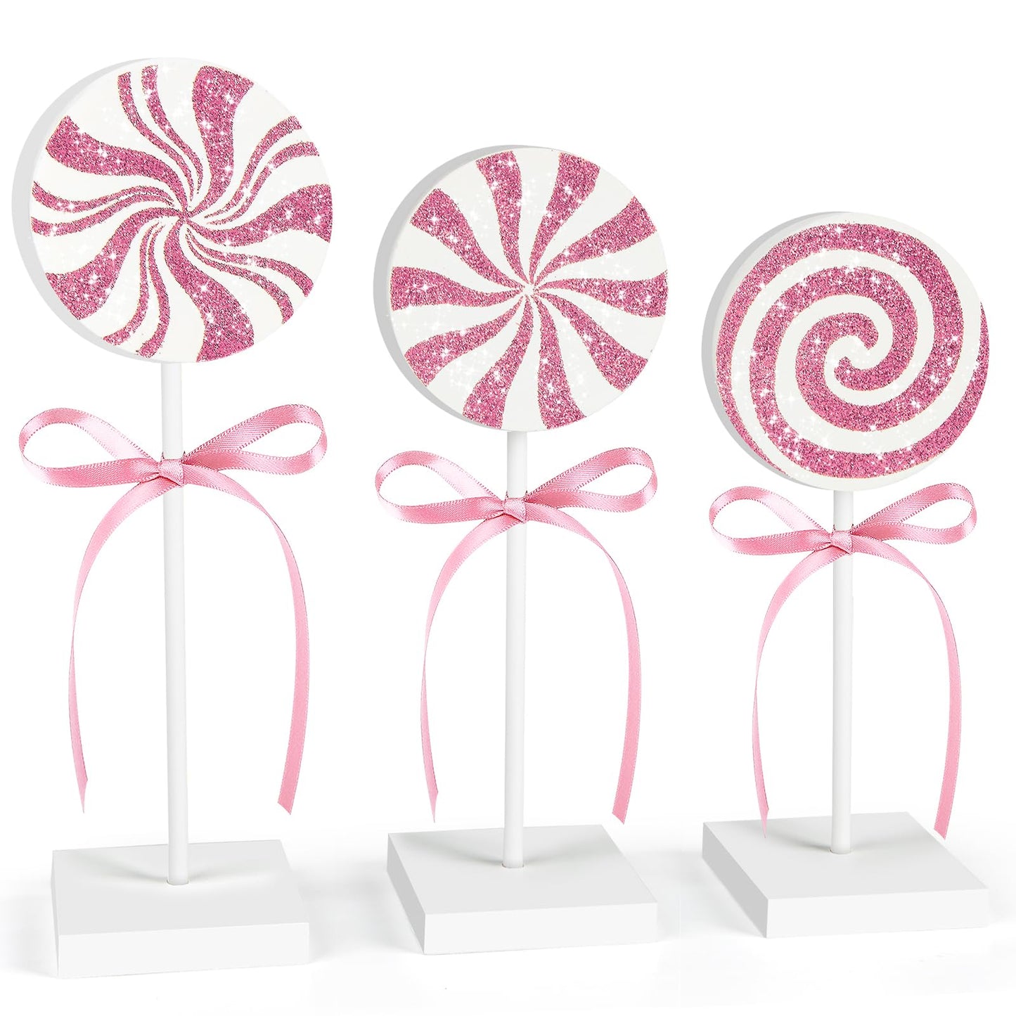 3 Pieces Christmas Table Decorations Wood Candy Set, Pink Christmas Tiered Tray Decor,Rustic Candy Table Decorations for Home Tables (Pink)