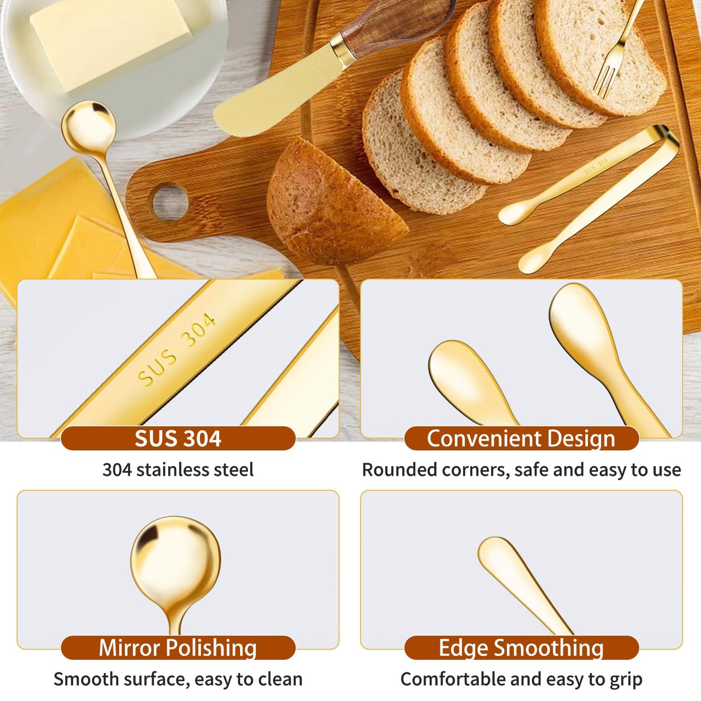 46Pcs Charcuterie Boards Accessories Small Serving Utensil Set Cheese Butter Spreader Knives Mini Stainless Steel Cutlery Tong Spoon Fork Bowl Wooden Toothpick for Kitchen Wedding Christmas Gift(Gold)
