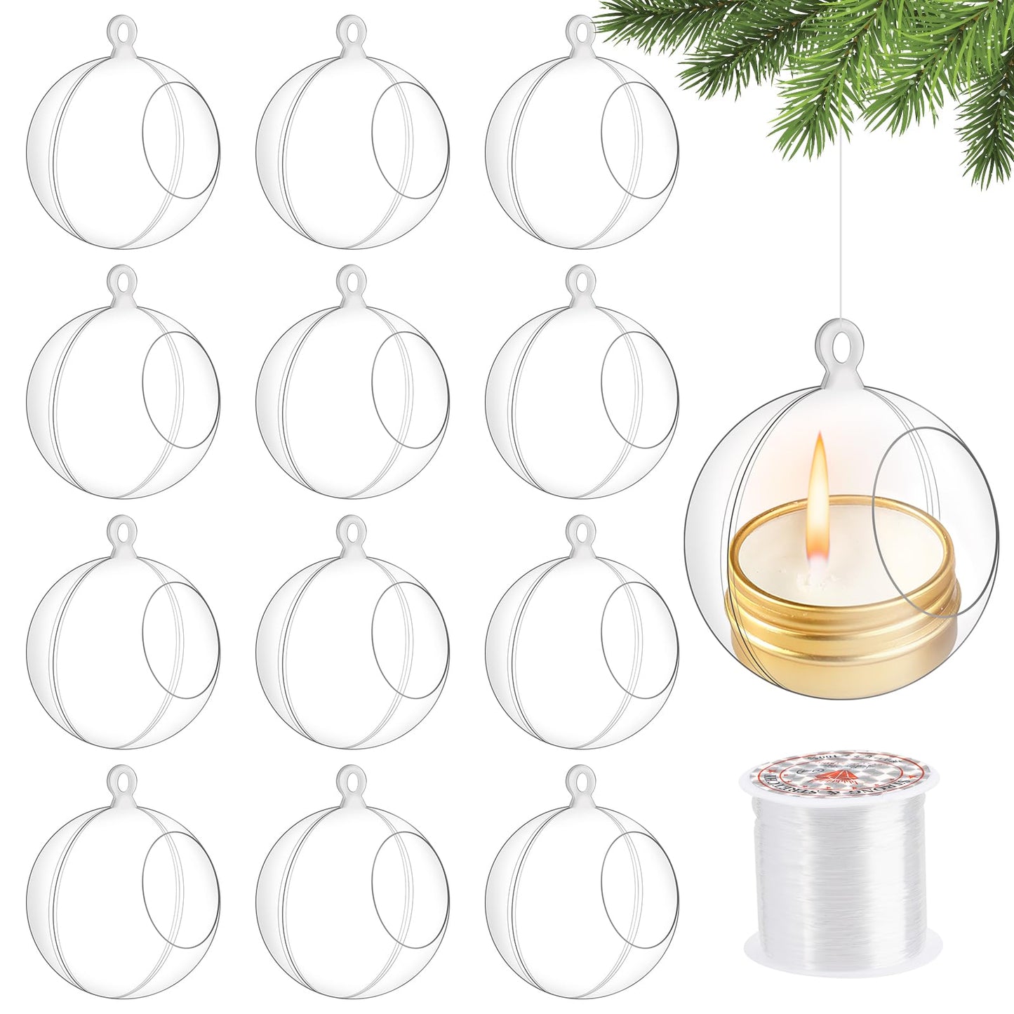 12 Pcs Hanging Globe Tealight Holders Acrylic Fillable Ball Ornaments Clear Plastic Terrarium Globe Hanging Tea Lights Candle Holder with Fishing Line for Christmas Party Wedding Centerpiece