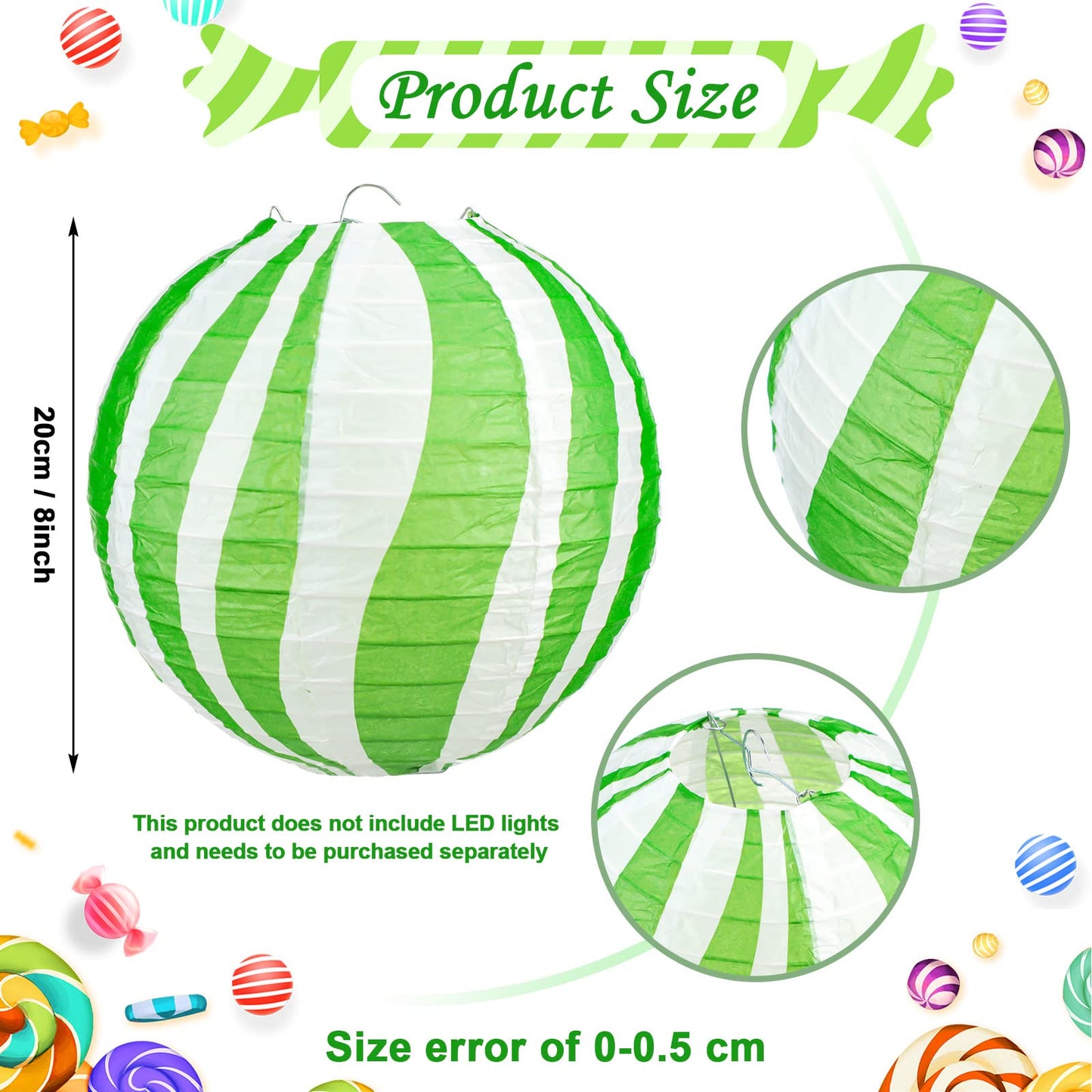 Panelee 12 Pcs Christmas Peppermint Paper Lanterns 8 Inch Red Green White Candy Canes Hanging Round Paper Lanterns Holiday Xmas Party Decorations for Home Classroom Ceiling