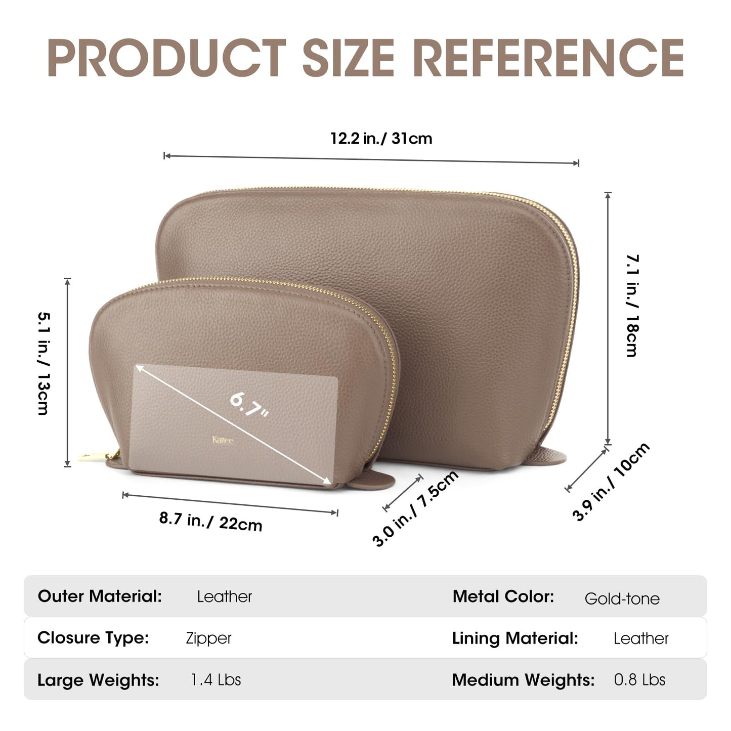 Kattee Leather Makeup Bag, Travel Cosmetic Bag Set, Toiletry Bag Organizer for Women, 1-PACK, Medium, Khaki