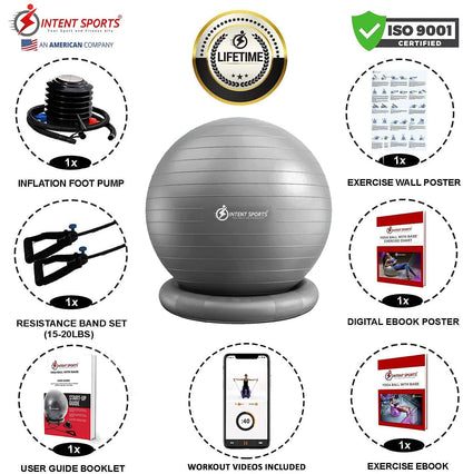 INTENT SPORTS Yoga Ball Chair – Stability Ball with Inflatable Stability Base & Resistance Bands, Fitness Ball for Home Gym, Office, Improves Back Pain, Core, Posture & Balance (65 Cm)