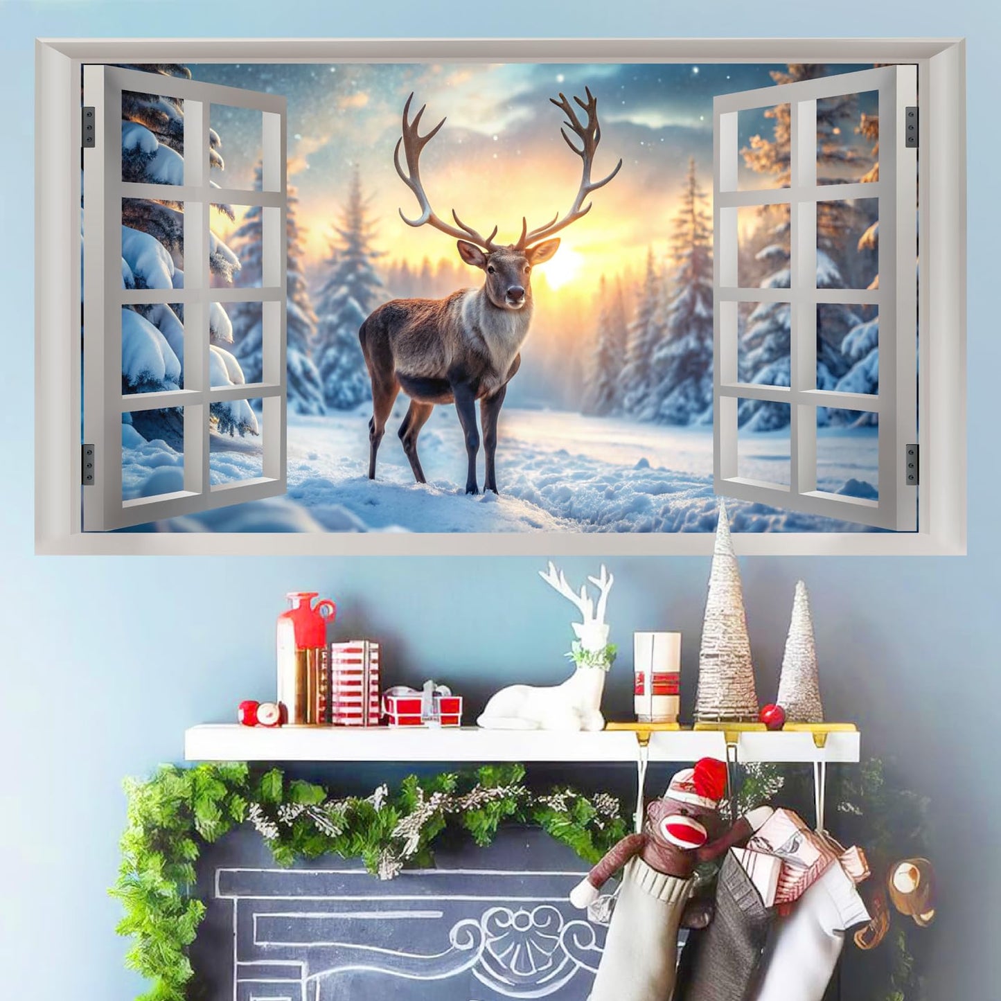 Winter Wall Stickers 3D Fake Windows Wall Stickers Christmas Wall Decals Peel and Stick Forest Wall Sticker Snowy Landscape Walls Decals Winter Pine Tree Art Murals for Living Room Bedroom Decor