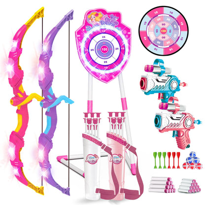 VATOS 2 Pack Bow and Arrow Toy with LED Light - 4 in 1 Archery & Dart Game Set with 20 Suction Cup Arrows, Mermaid Glow Target & Dart Board - Indoor/Outdoor Birthday Gift for Kids Boys Girls Ages 5-12