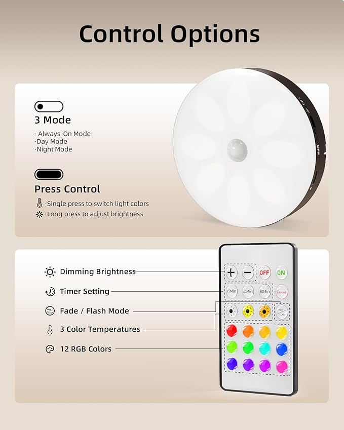 EZVALO Under Cabinet Lighting with Charging Station,1000mAh Rechargeable Puck Lights with Remote, 3 Color Temps & 12 RGB Closet Lights, Dimmable Motion Sensor Lights for Shelf, Kitchen (6 Packs)