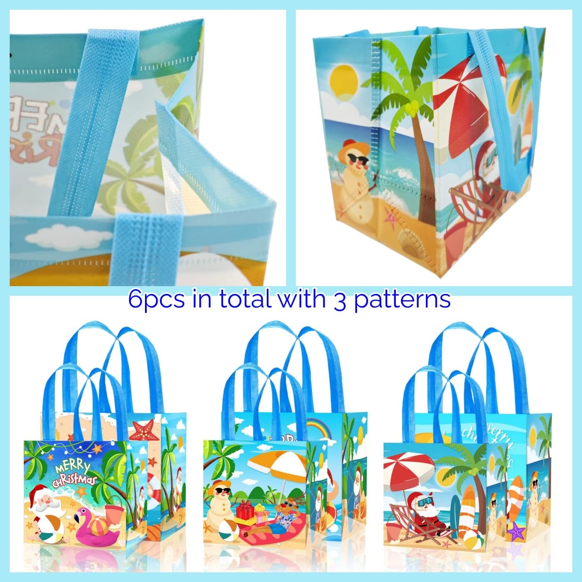 KYMY 6PCS Summer Christmas Party Favor Bags, Tropical Hawaiian Non-Woven Gift Totes with Handles, Beach Treat Bags with Santa & Flamingo for July Xmas Luau Holiday Party Decorations