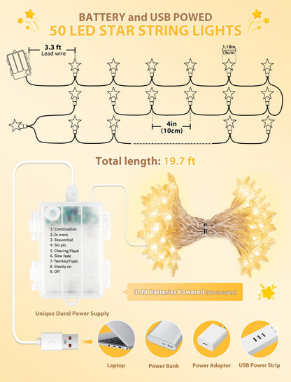 syosupviry Star String Lights Battery&USB Powered,19FT 50LED Star Fairy Lights with Remote, Hanging Star Lights for Home, Kids Tent, Bedroom,Porch, Classroom, Christmas,Party,Room Decor,Warm White