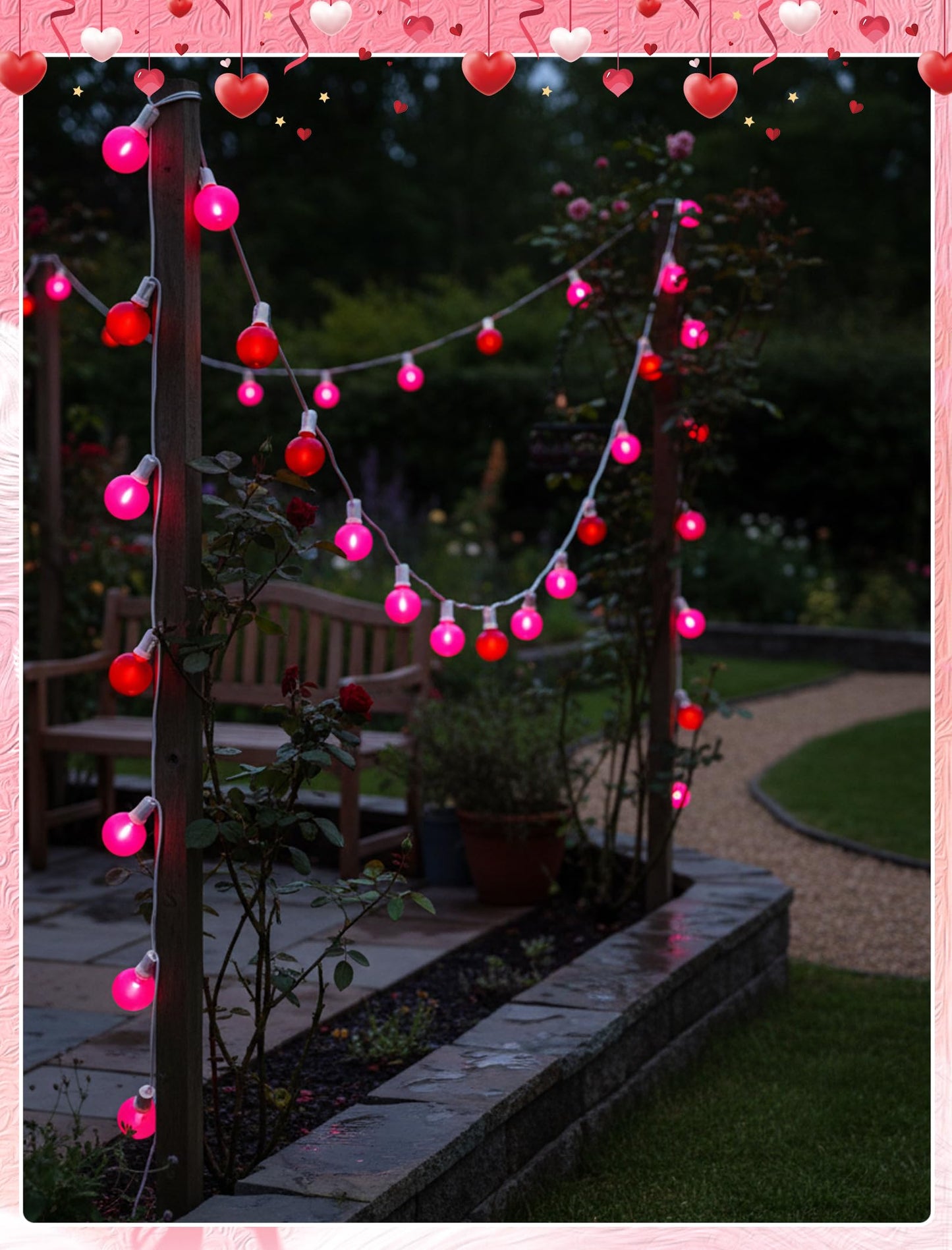 G40 LED Valentine’s Day String Lights, 25Ft Valentines Decorations Lights Outdoor with Frosted Red Pink Round Bulbs, Hanging Patio Lights Shatterproof for 4th of July Independence Day Patriotic Party