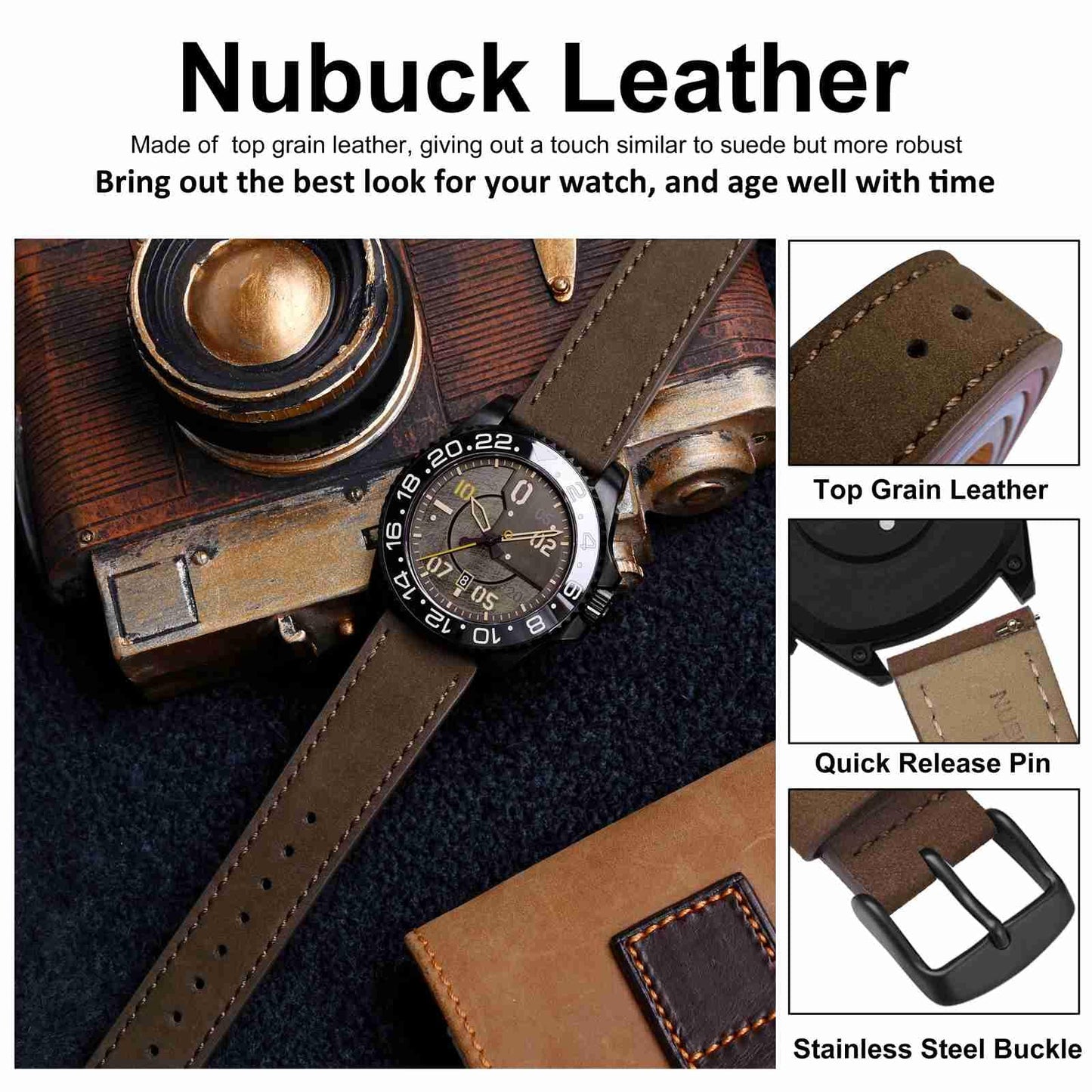 WOCCI 18mm Retro Leather Watch Band for Men and Women, Quick Release Replacement Strap with Black Buckle (Dark Brown)