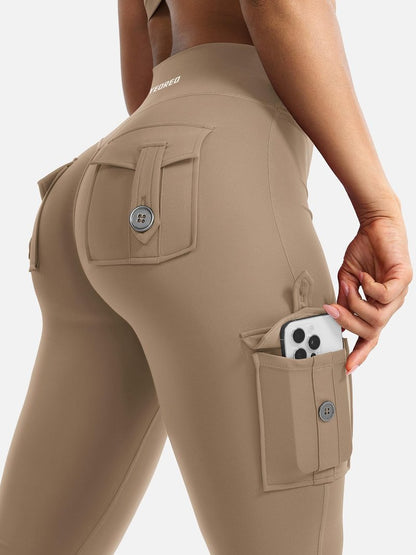 YEOREO CoreFlex Women Workout Flare Leggings with Pockets Hidden Scrunch High Waisted Cargo Gym Yoga Leggings Light Brown M