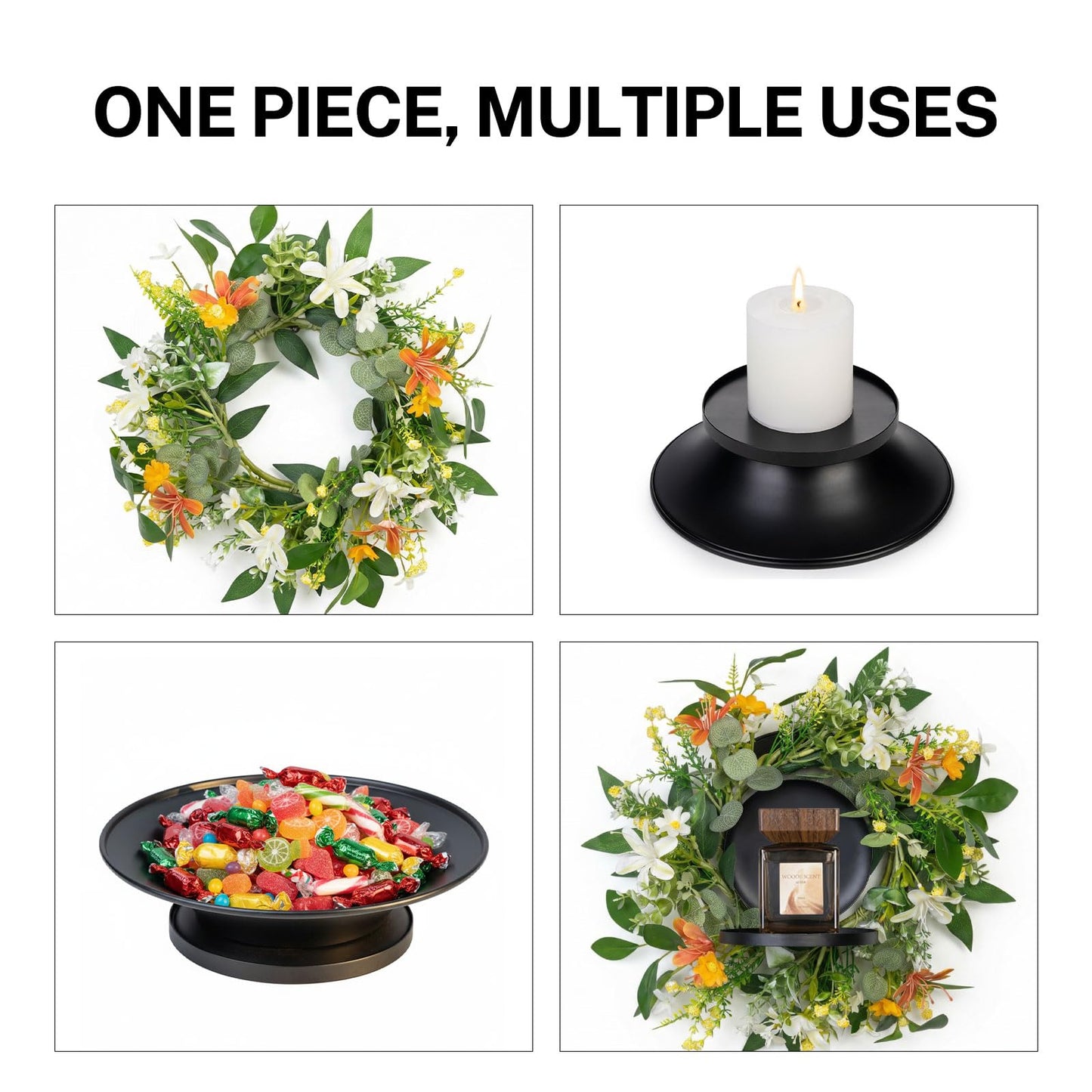 MOYEE Summer Centerpieces for Tables Wreath with Candle Holder,Candle Ring, Black Metal Candlestick with an Artificial Wreaths 14 in Versatile Dining Table Centrepiece (an Orange and White Wreath)