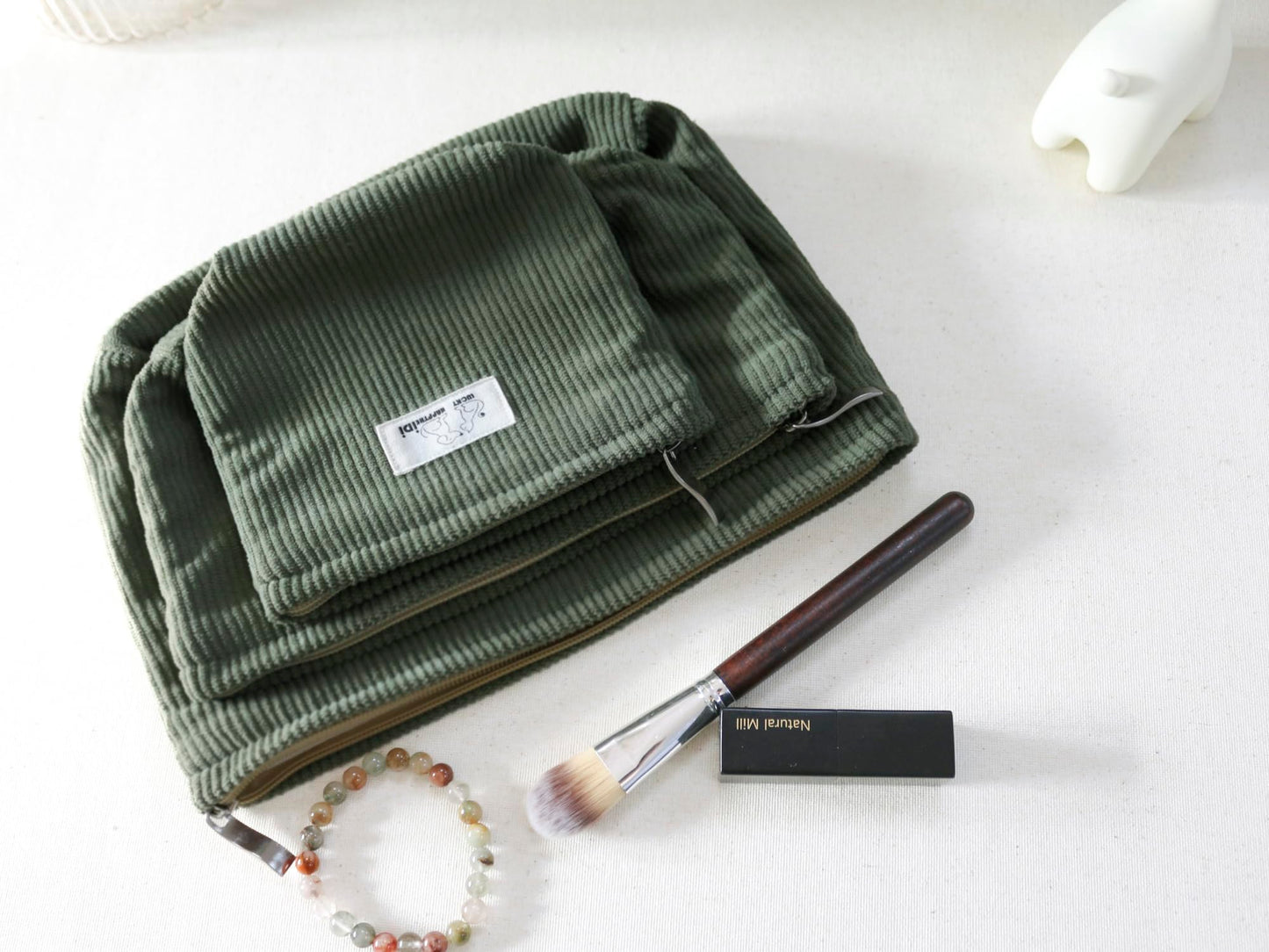 HAPPYHEIDI Corduroy Makeup Bag Set 3 Cosmetic Toiletry Travel Pouch Organizer for Purse Tote, Women Girls Gift, Large Medium Small, Solid Sage Green