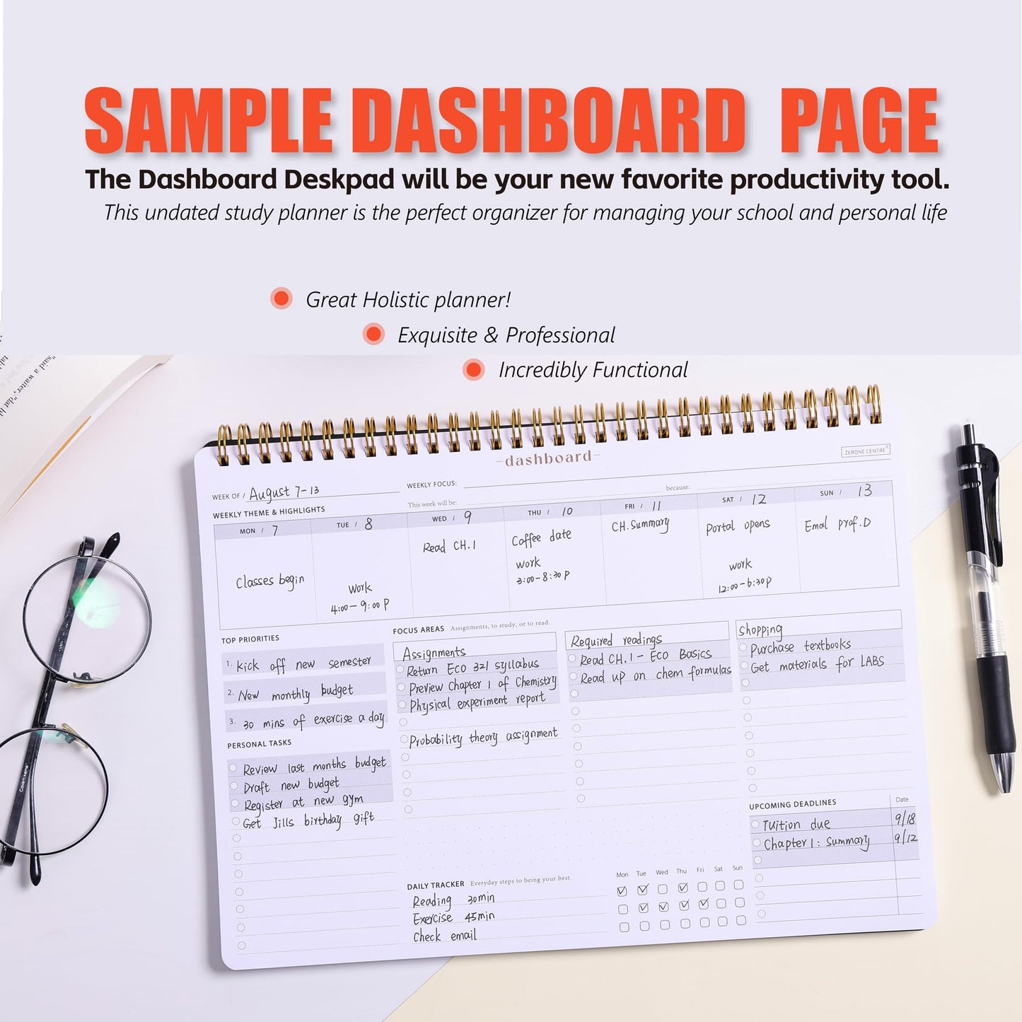 Weekly Academic Planner for Student - 54 Weeks Spiral Dashboard Desk Pad Is The Perfect Organizer for Managing Your School & Personal Life - Study Planner for Year Productivity