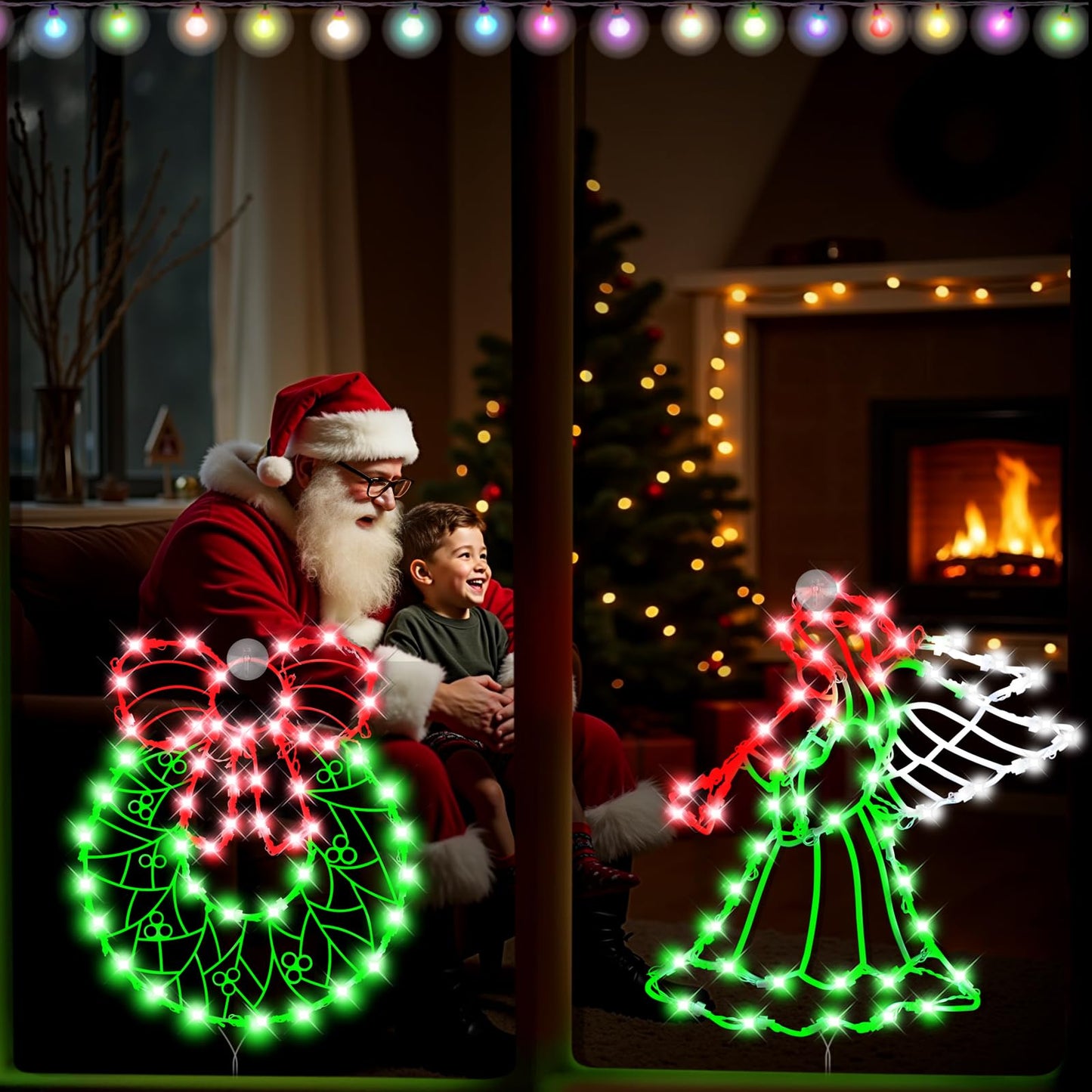 16" Christmas Window Silhouette LED Lights Decorations with Battery Powered, Pack of 2 Sign Lighted Wreath and angel Christmas Window Lights for Indoor Wall Door Glass Decor, window hanging lights