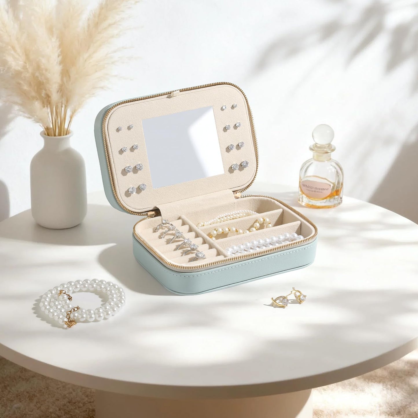 NGVRC Genuine Leather Travel Jewelry Organizer Case with Mirror for Women, Small Mini Portable Jewelry Box for Ring Earrings Necklace Bracelet Luxury Gift for Women（Cyan）