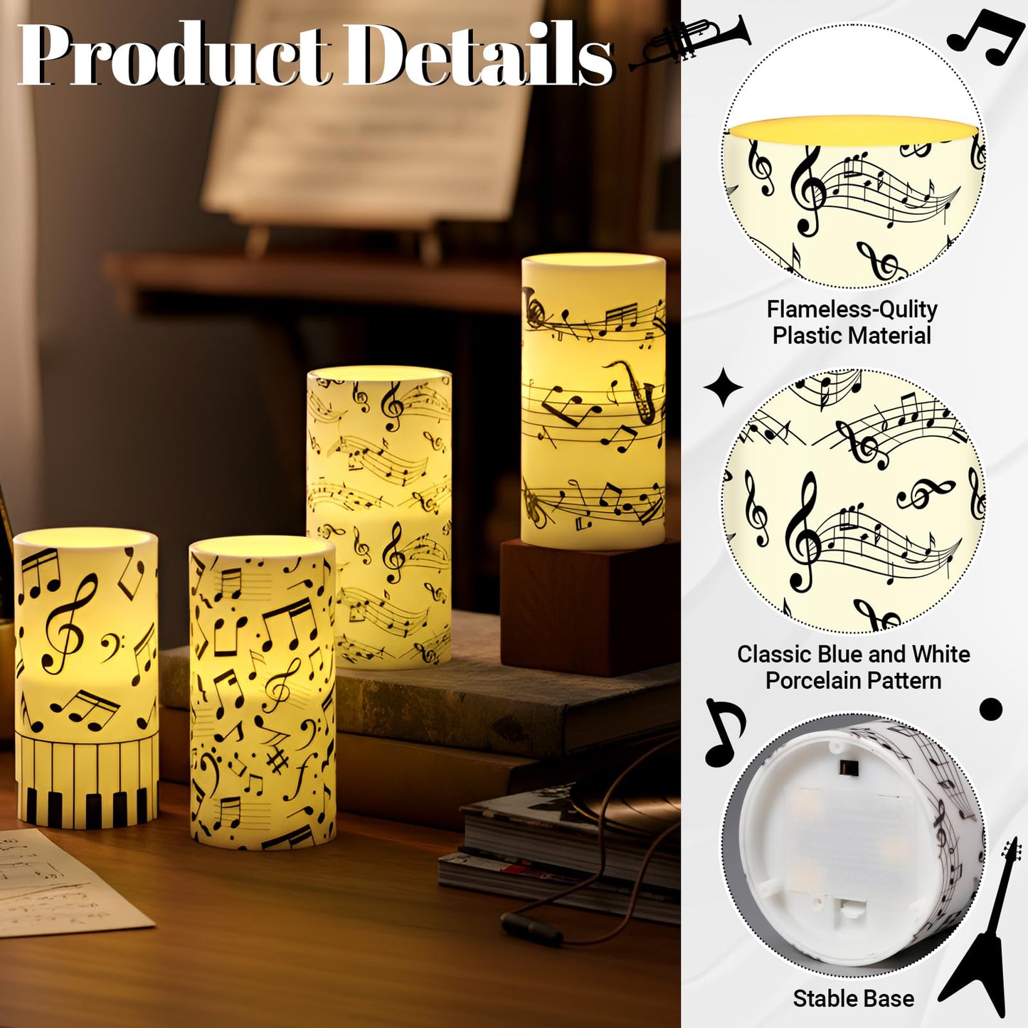 Tiamon 4 Pcs Music Notes and Clef Candles LED Musical Themed Flameless Candles Set Battery Operated with Remote Control LED Pillar Decorations for Party Wedding Birthday Decor