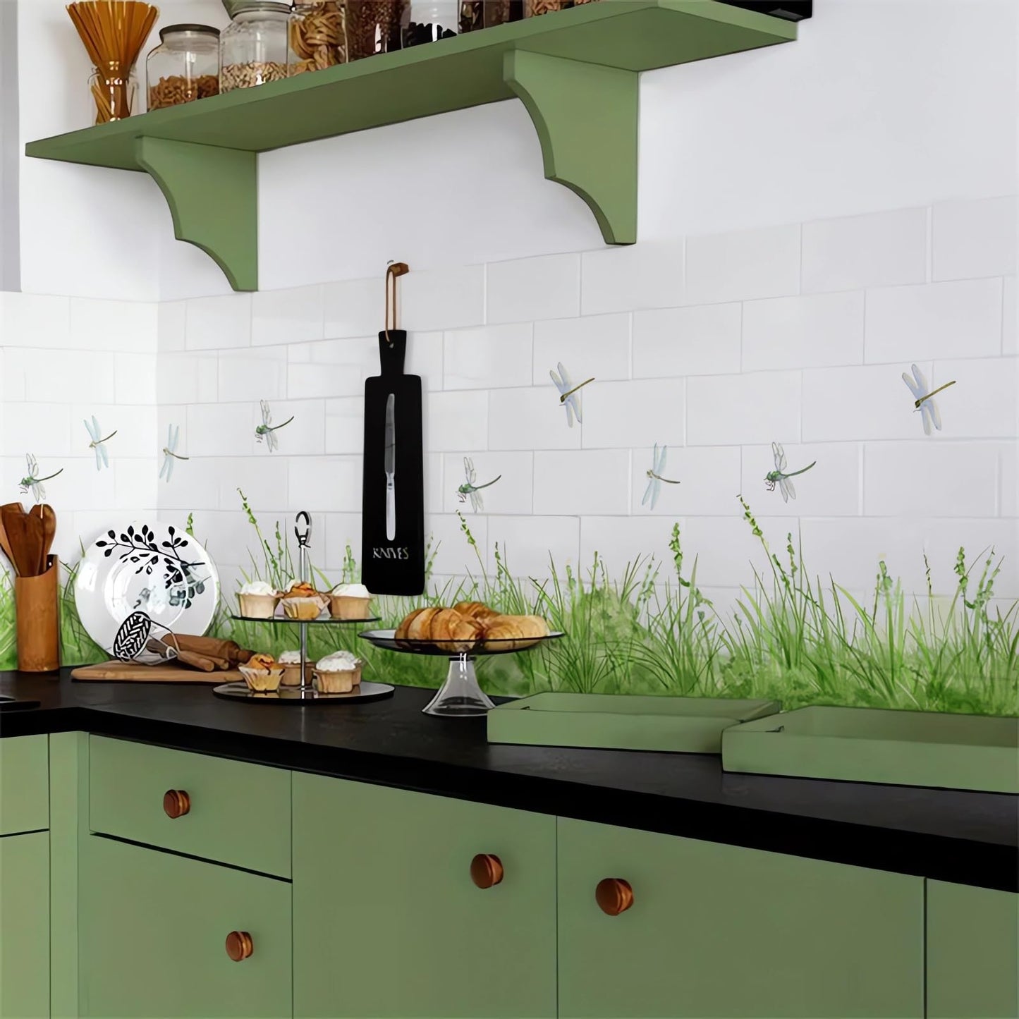 sacinora Fresh Green Grass Dragonfly Wall Stickers, Nature Green Plants Wall Decals Removable Vinyl Peel and Stick Baseboard Border Kitchen Bedroom Living Room Art Home Decor