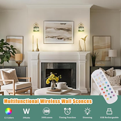 Vintage Battery Operated Wall Sconce Set of 2, 5000mAh Rechargeable Wall Lamp 12 RGB Colors Dimmable, Gold Lights Fixture for Bedroom Bathroom Living Room Hallway Clear Green Checker