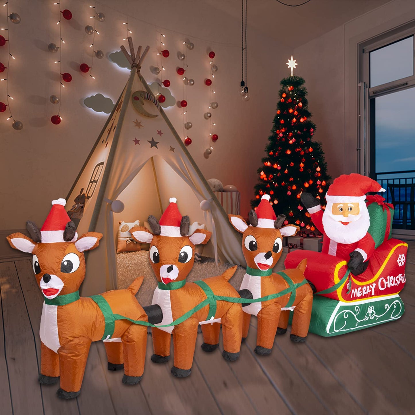 8FT Christmas Inflatables Outdoor Decoration Christmas Blow Up Yard Decorations Inflatable Santa Claus on Sleigh with Reindeers Outdoor Indoor Holiday Lawn Yard Decor