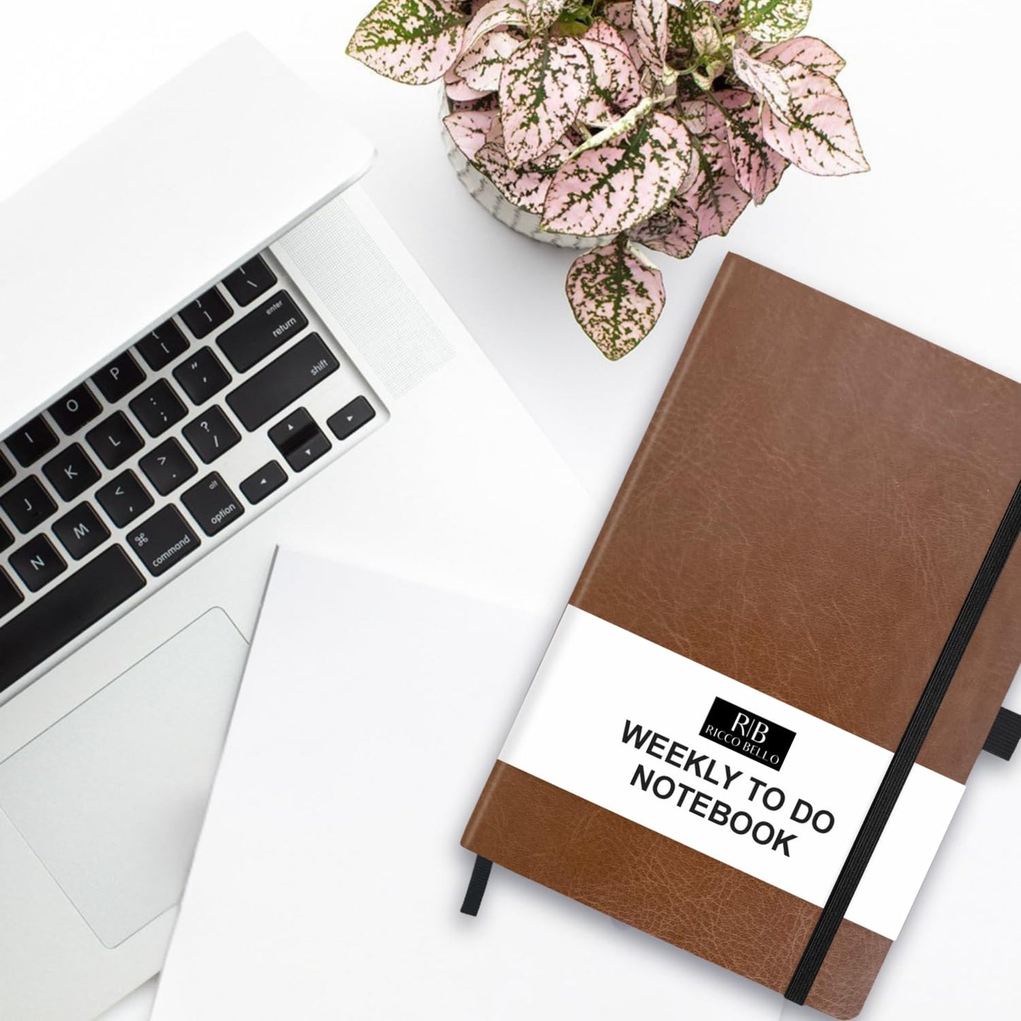RICCO BELLO Undated Weekly Planner To Do Notebook | Faux Leather Hardcover, for Work, School, Home with Pen Holder, Bookmark, Band Closure, Storage Pocket, 5.7 x 8.4 Inches (Brown)