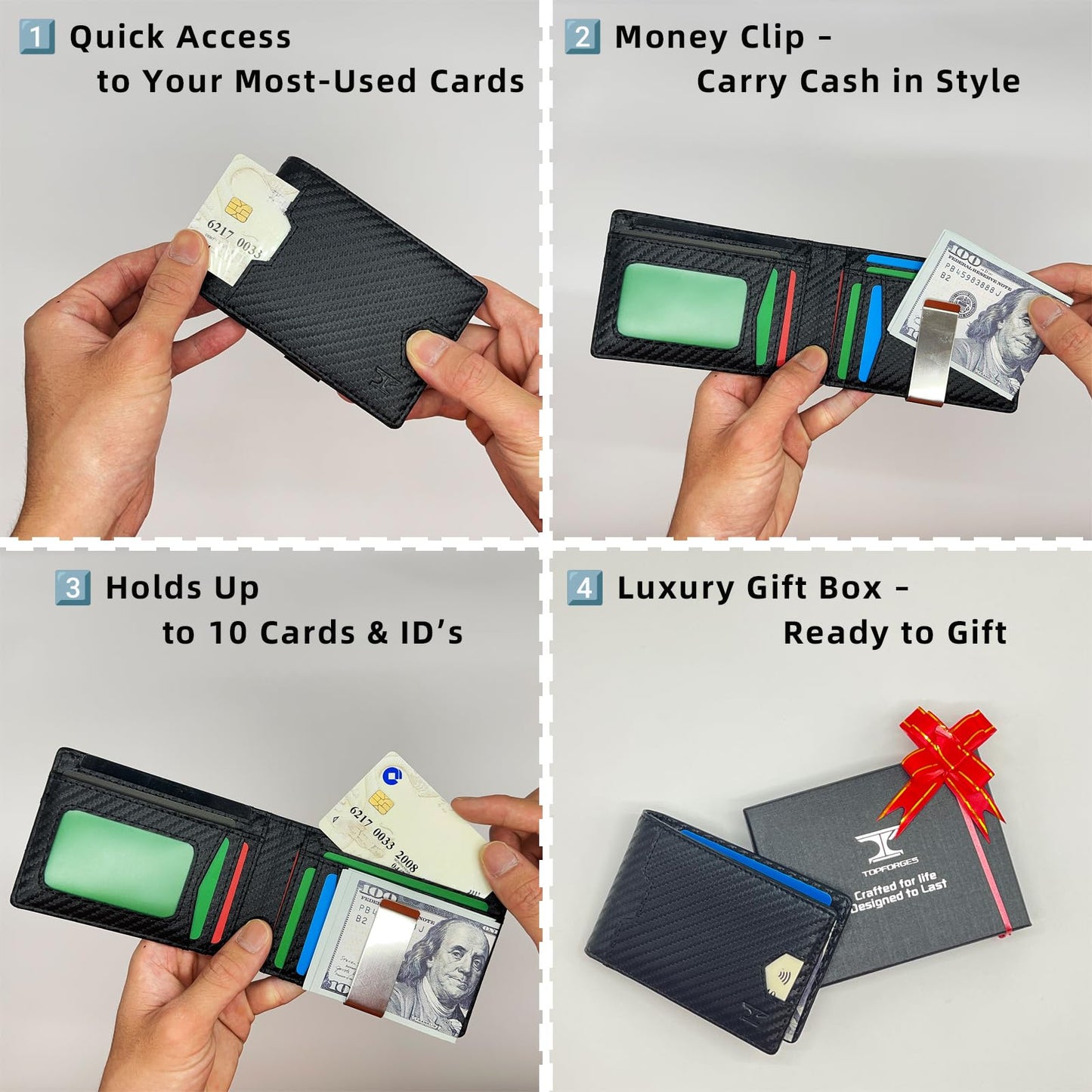 TOPFORGES RFID Wallet for Men with Money Clip (Removable) Slim Mens Wallet Carbon Fiber Front Pocket Minimalist Cash Card Holder Fits 11 Cards ID Window Includes Gift Box(Black