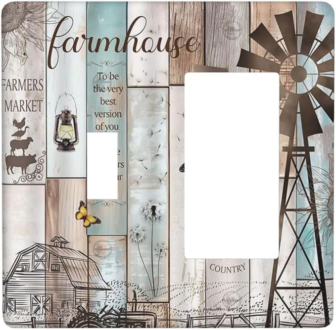 Rustic Western Farmhouse Windmill 2 Gang Light Switch Covers Vintage Barn Wooden Plank Inspirational Quote Single Toggle Rocker Combo Wall Plate Electrical Faceplate Decorative Switchplate