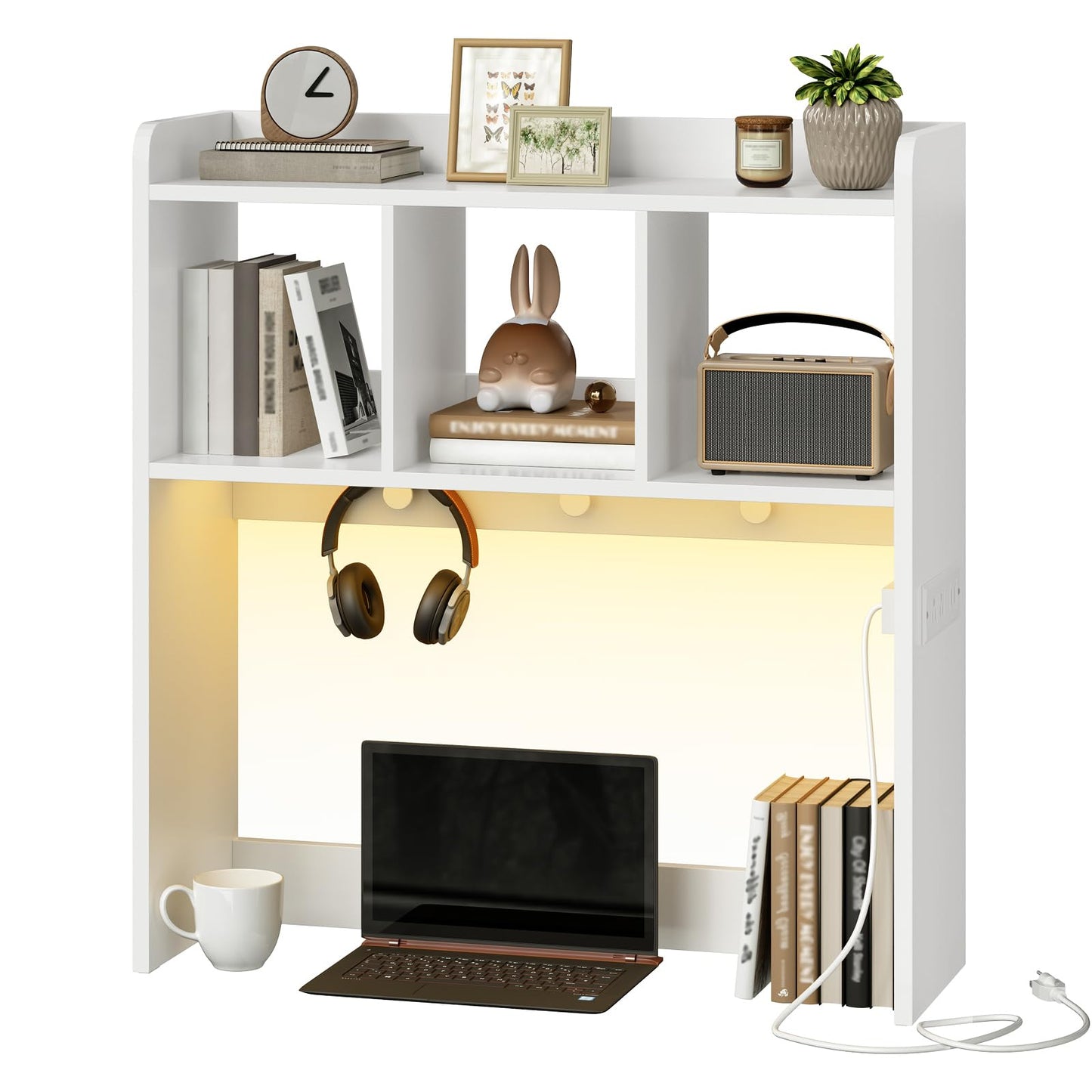 HOOBRO Desktop Bookshelf, Office Desktop Shelf, Desk Hutch with Outlets, Wooden Office Desktop Bookcase, Desktop Organizer Shelf with LED Light Strip and 3 Hooks, for Home, Study, White WT12UDSJ01
