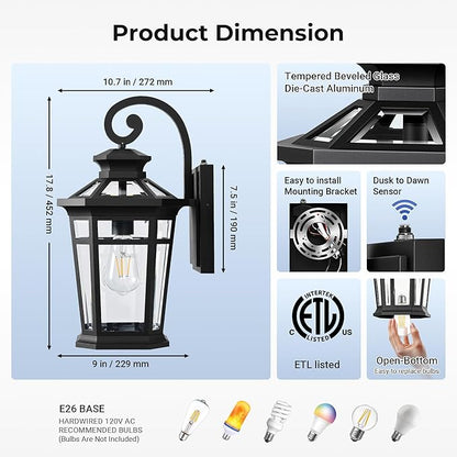 Large 9'' Outdoor Porch Light Wall Mount, Black Outdoor Wall Lantern Dusk to Dawn, Waterproof Exterior Light Fixture with Beveled Glass, Exterior Sconce Light for House, Coach Lights for Garage