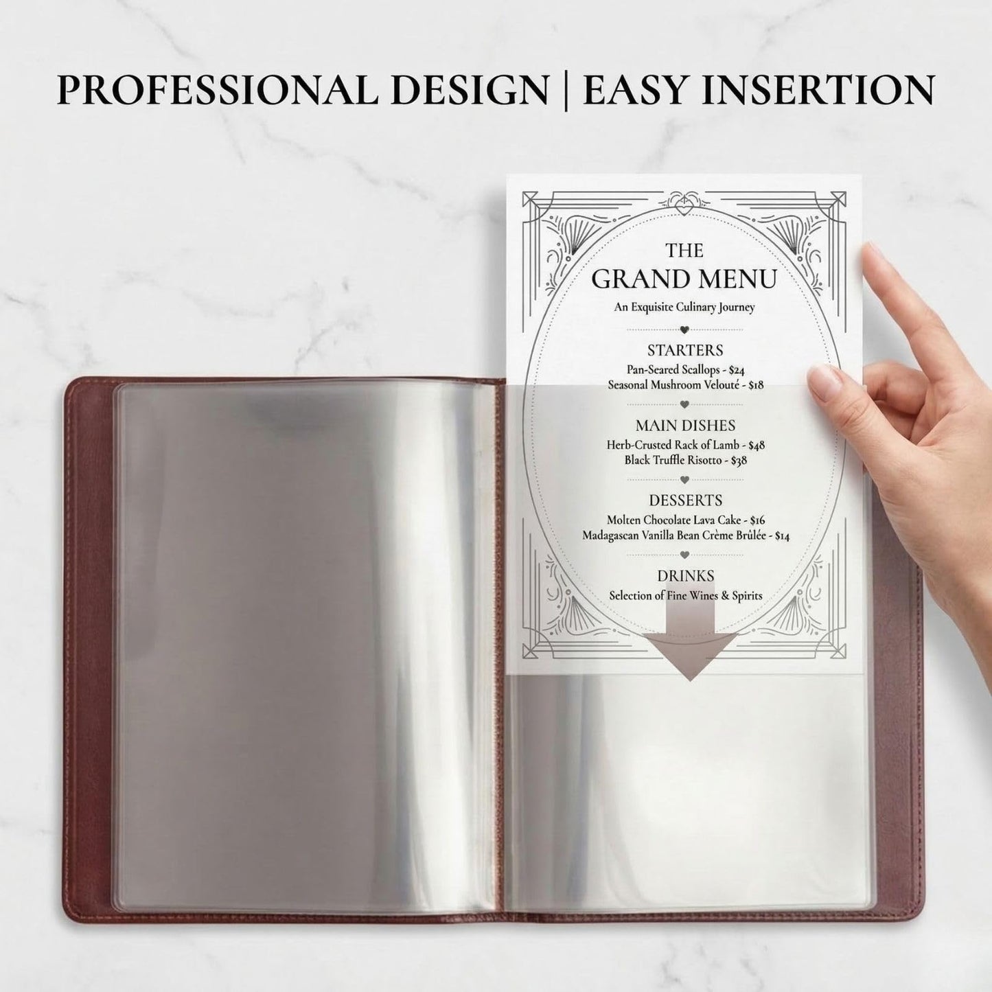 2-Pack Premium Vegan Leather Menu Cover 8.5 x 11, 4 Page 8 View Menu Folder with Clear Sleeves, Restaurant Menu Holder, Portfolio Binder, Sheet Music Folder, Hotel & Guesthouse Presentation Book