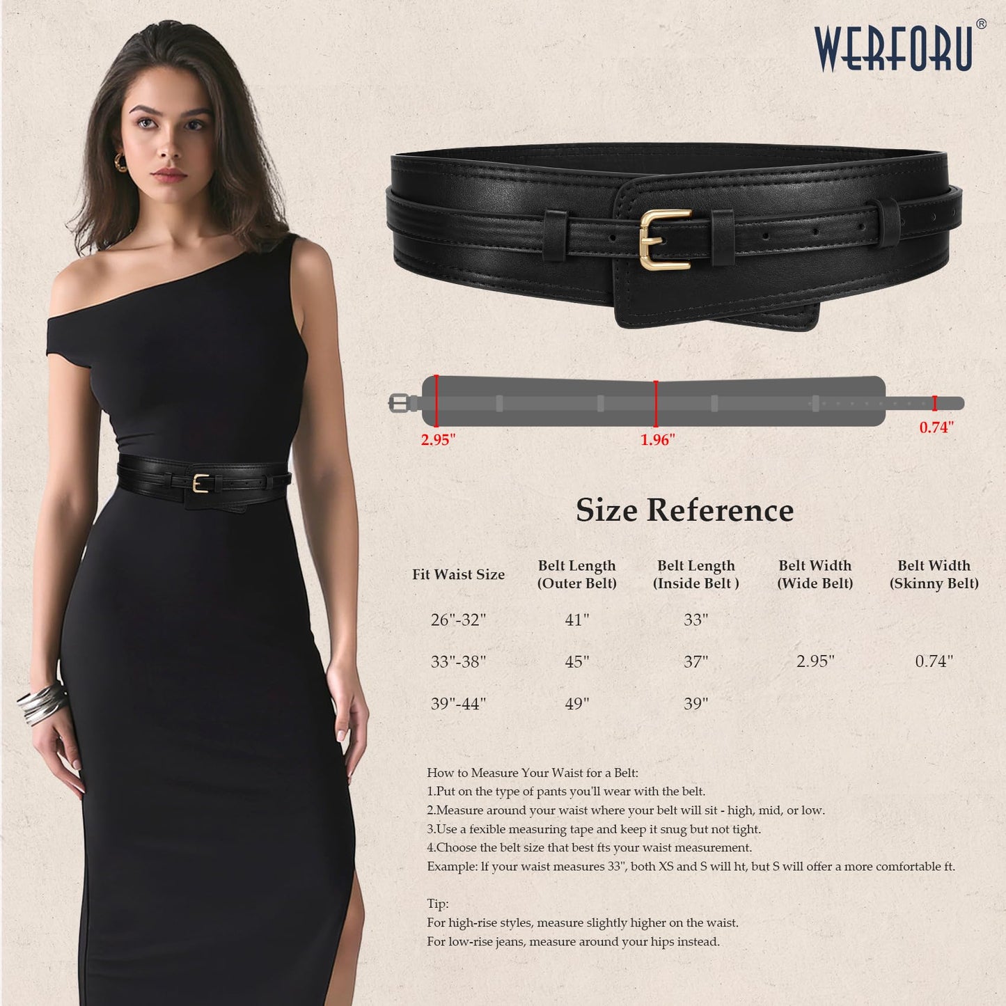 WERFORU Women Wide Waist Belts for Dress Women Fashion Wide Leather Belt 2-in-1 Waistband with Thin Belts for Dress, A-Black-gold buckle, Fit Waist Size 33"-38"