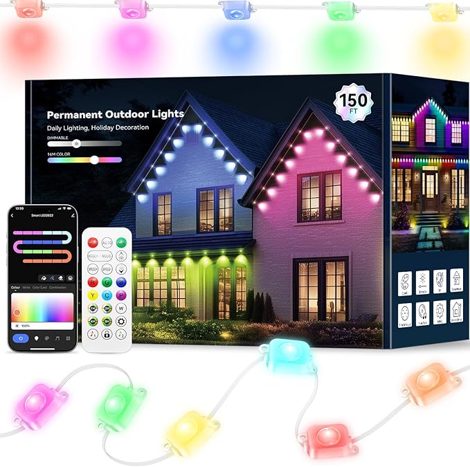 150FT Permanent Outdoor Lights Pro, 75 IC+RGBCW Smart Eaves Lights with 48 Scene Modes, IP67 Waterproof Outside Halloween Christmas String Lights for House All Year Decor, APP/Remote Control