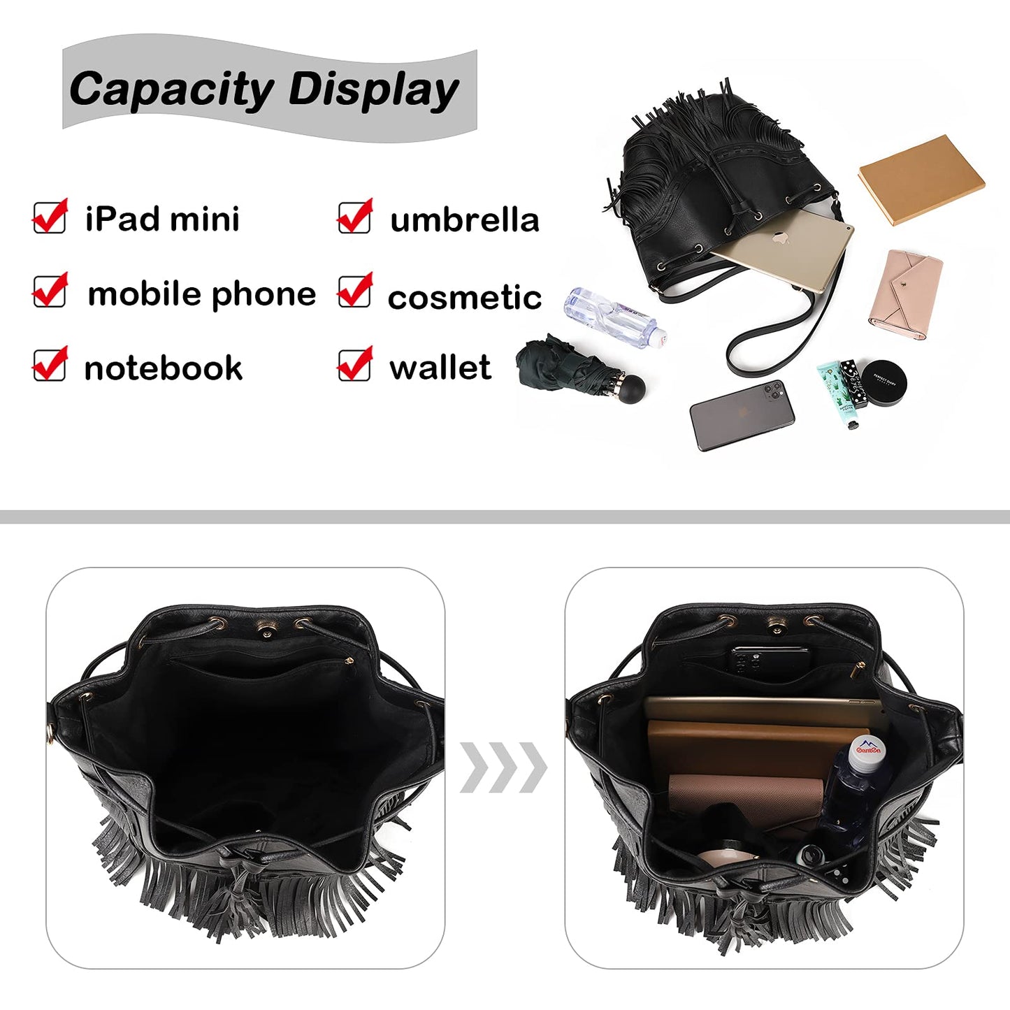 Leather Bucket Bags for Women Crossbody Fringe Purses with Drawstring Ladies Tassel Hobo and Shoulder Handbags Black