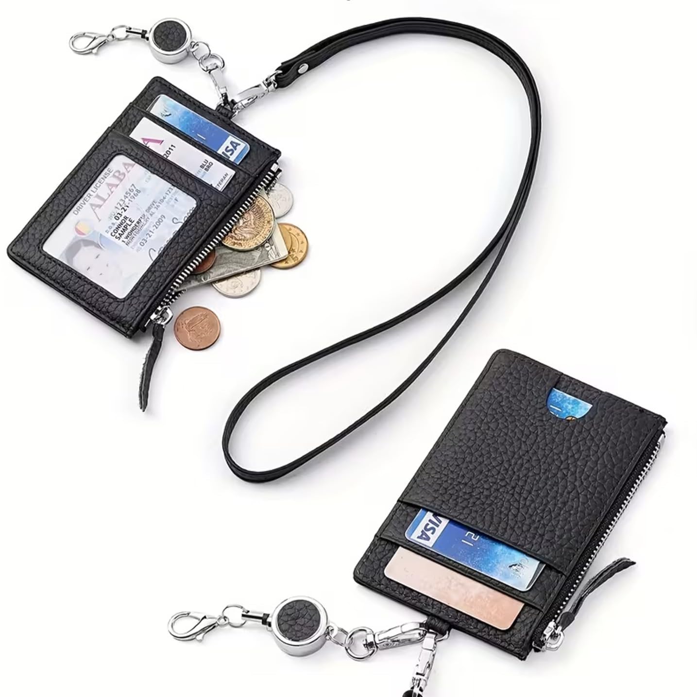 Genuine Real Leather ID Badge Holder with Lanyard & Retractable Reel, Card Holder Silver Metal Hardware Swivel Hook (Light Blue)
