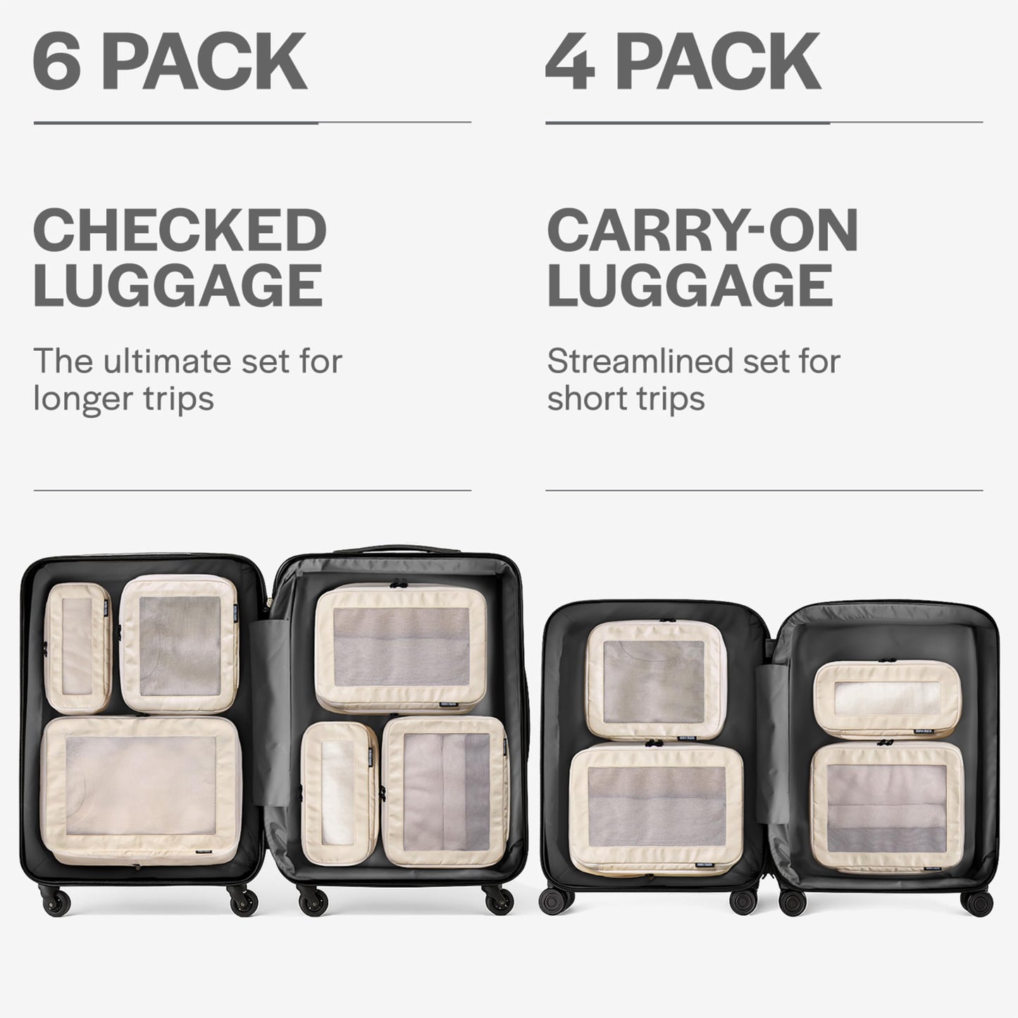 Aerotrunk Compression Packing Cubes for Travel - Luggage Organizer Bags - Double Zipper Packing Cubes for Suitcases (6-Pack, Beige)