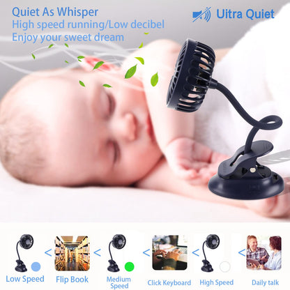 Mikikin Clip on Small Mini Fan, Portable Usb Battery Operated Rechargeable Quiet Personal Desk/ Baby Stroller Fan 3 Speeds Flexible Neck Great for Bed Office Car Dorm Travel Camping Beach