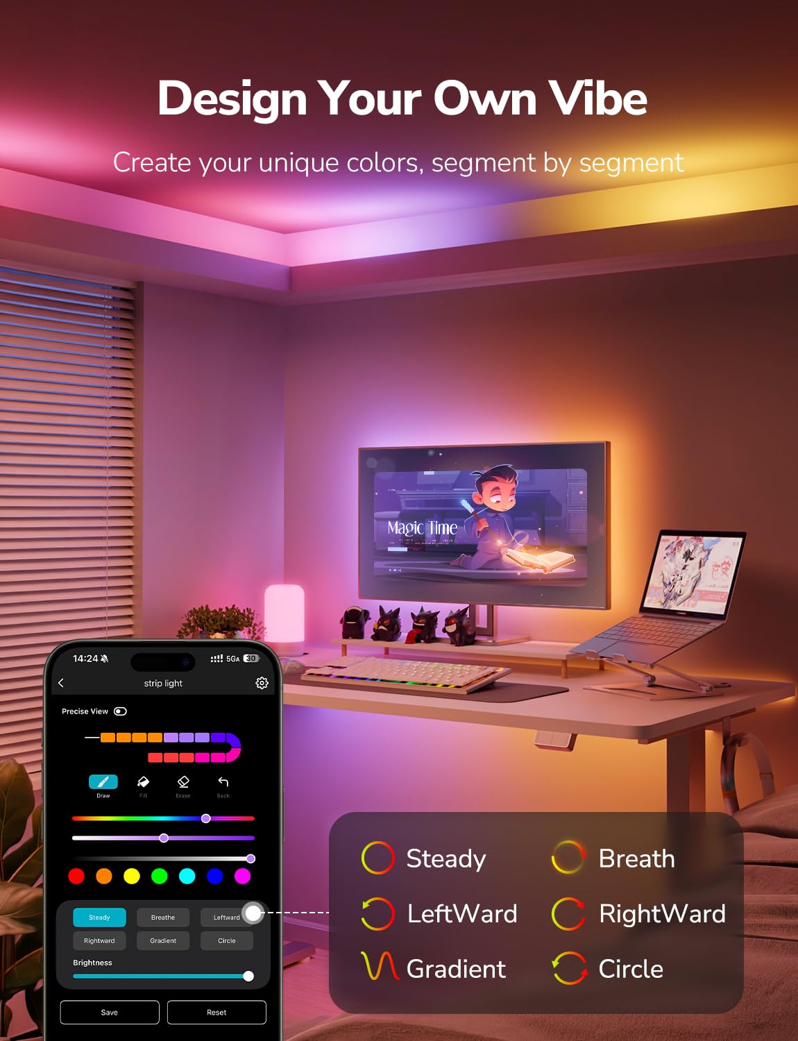 Lepro S1 AI LED Strip Lights for Bedroom - 50ft Smart RGB Light Strips with IC and Rainbow Chasing Effects, Color Segment DIY, Personalized Al Lighting Designer, No Remote, 2.4G Wi-Fi & Bluetooth