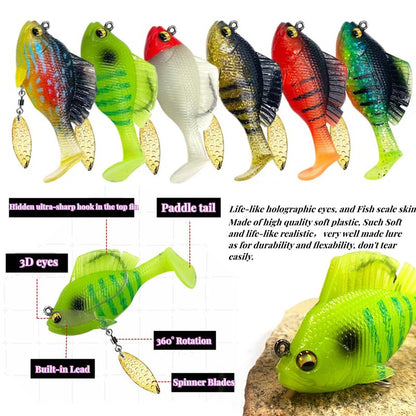 DAMIDEL 6Pcs Pre-Rigged Jig Head Soft Fishing Lures，Paddle Tail Swimbaits/3D Eyes/Spinner Blades for Bass Fishing,Hidden Ultra-Sharp Hook in the top fin,Fishing Bait for Freshwater Saltwater