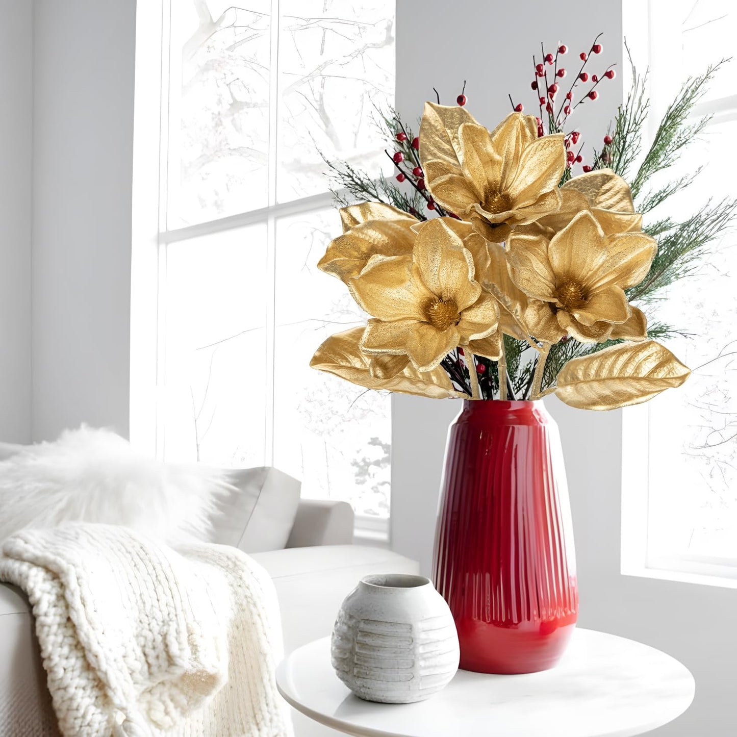Briful Set of 3 Gold Magnolia Floral Stems 26in Magnolia Artificial Flowers Silk Magnolia Flower Branches for Christmas Home Office Table Vase Decor