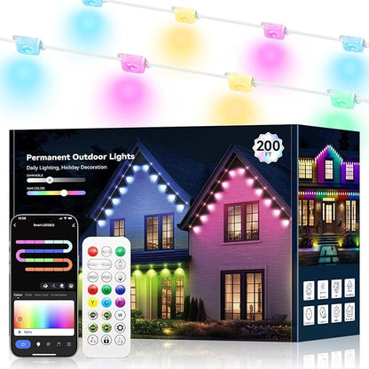 200FT Permanent Outdoor Lights for House -Eaves Lights with 100 IC+RGBCW LED IP67 Waterproof, Smart Outside LED Christmas Light with App/Remote, Eternity Lighting for Holiday/Daily
