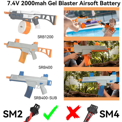 Tosiicop Airsoft Gel Blaster Battery - 7.4V 2000mAh LiPo Batteries for Splatter Ball Accessories SRB400 SRB1200 SRB400-SUB Water Bead MP5K M4 M110 with SM-2P Plug Rechargeable Charging Cable