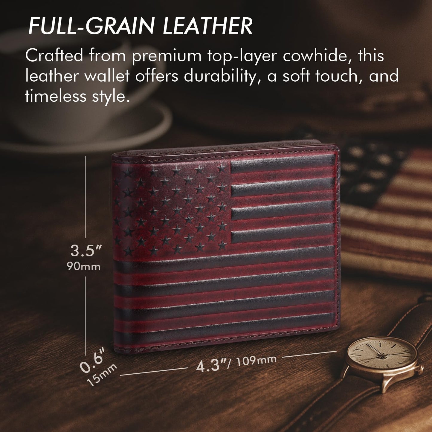 Pefiam Full Grain Leather Wallet for Men, RFID Blocking, Mens Wallet Bifold with 2 ID Windows, Billfold with 13 Card Slots, Leather Gift for Men, American Flag Wallet Red