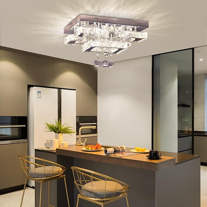 CXGLEAMING 11.8" Modern Crystal Chandelier LED Ceiling Light Fixture Suitable for Kitchen Corridor Hallway Bedroom Bathroom Dining Room 4 Petals/Raindrop Ball Square Remote Control/APP (dimmable)