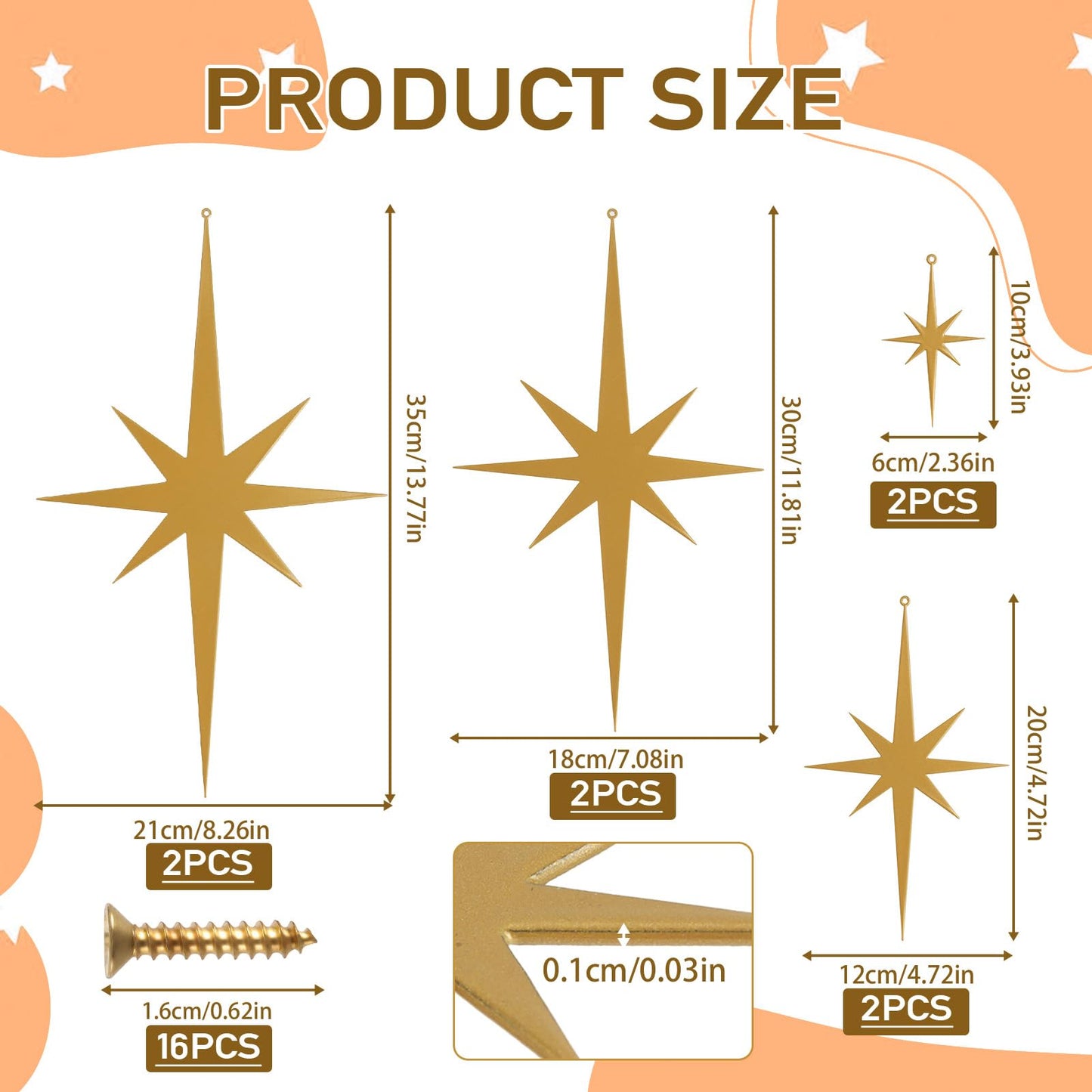 8 Pcs Gold Star Mid Century Modern Decor, 4 Sizes Retro 8 Pointed Atomic Stars Metal Wall Art, Make Your Home Elegant and Beautiful, Well Hangings for Living Room, Office, Bedroom