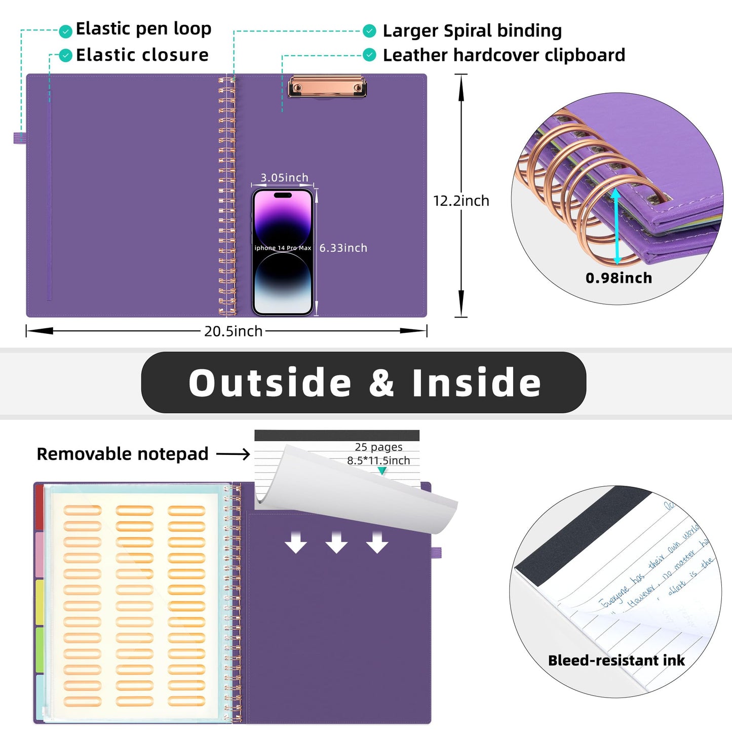 Ospelelf Leather Spiral Clipboard Folder with Storage Zipper Pouch, Foldable Clipboard Folio with Notepad for Letter Size, 5 Folders with 10 Pockets, 39 Divider Label Stickers (Purple)