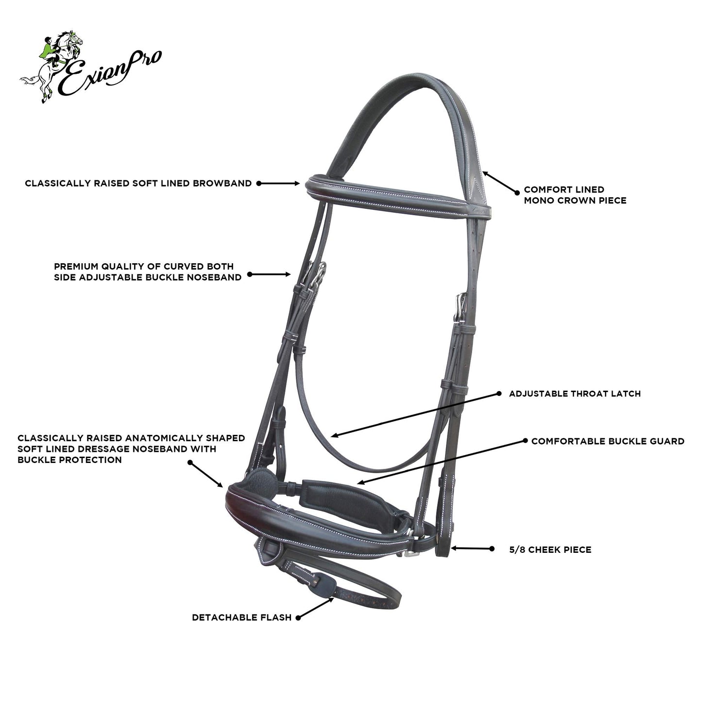 Exion Dressage Bridle with Mono Crown & Detachable Flash | Anatomical Crank Noseband, Raised Padded Browband, Calfskin-Lined Leather Dressage Bridle with Web Reins for Horses