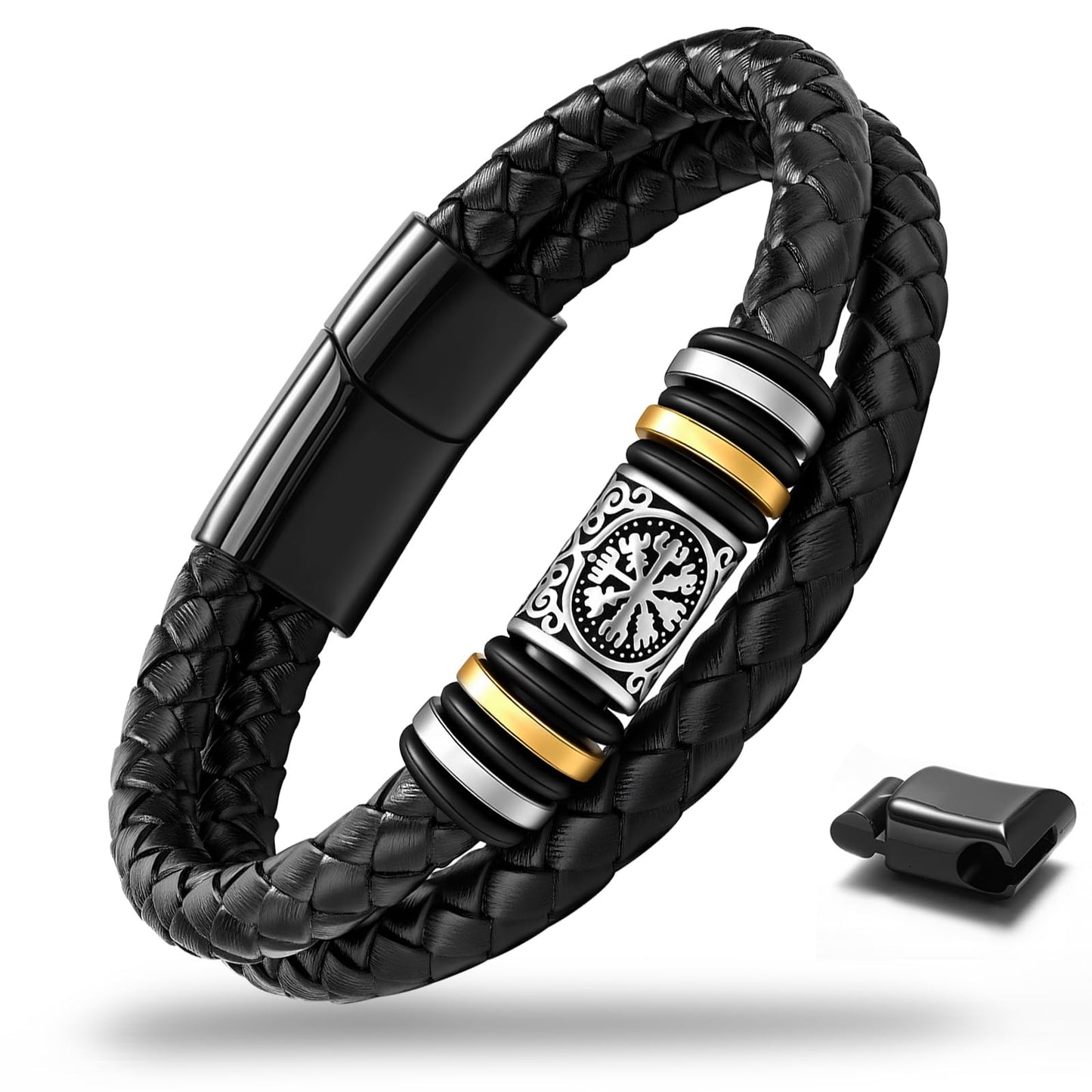leejory Viking Bracelet for Men, Double-Row Braided Genuine Black Leather Cuff Wristband Norse Compass Symbol Vegvisir Bracelets, Nordic Jewelry Religious Pagan Amulet Gift for Mens Teen Grandson Son