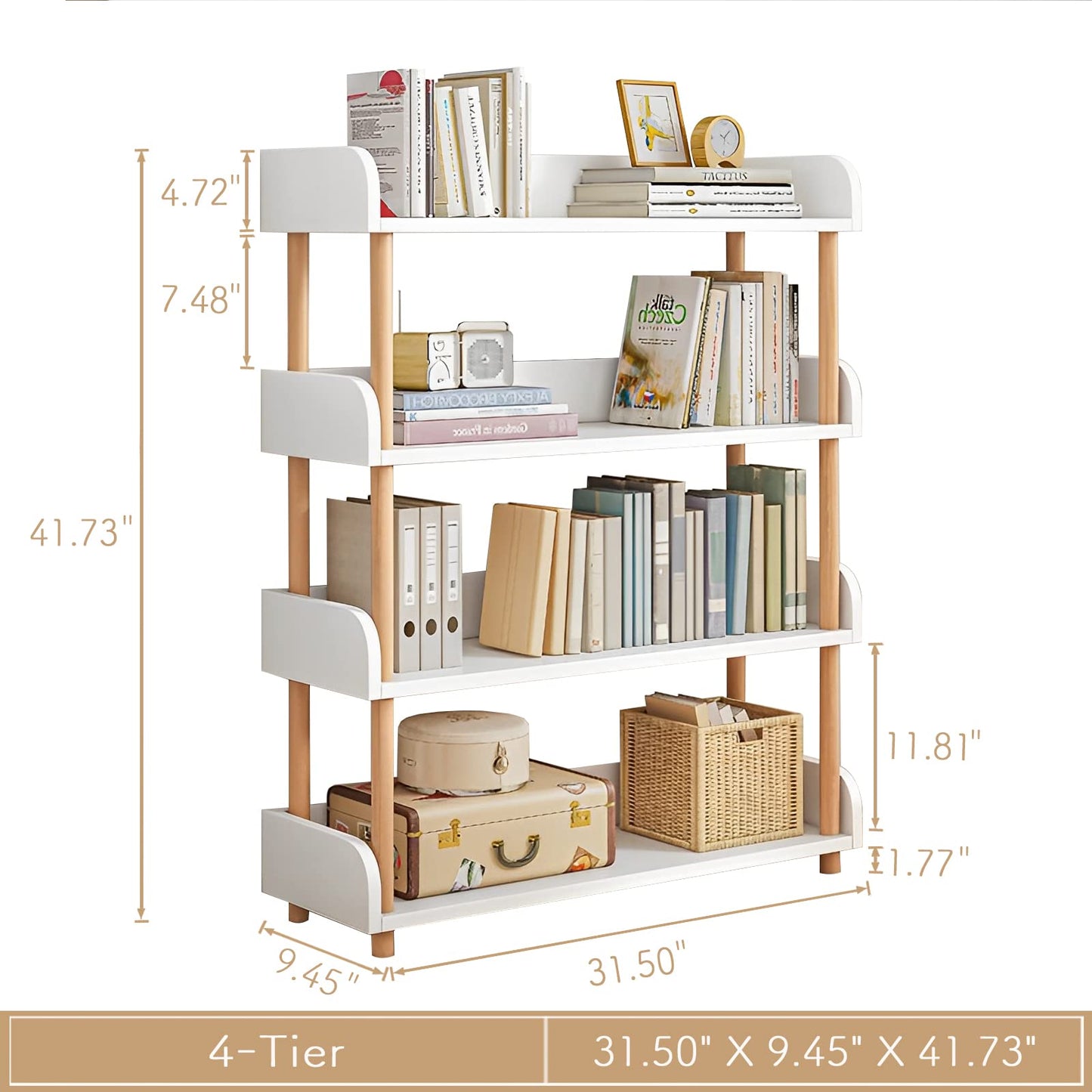OSCHF 4-Tier Wooden Open Bookcase - Modern Display Bookshelf with Top Edge and Solid Wood Frame for Home and Office, Storage Cabinet, Warm White