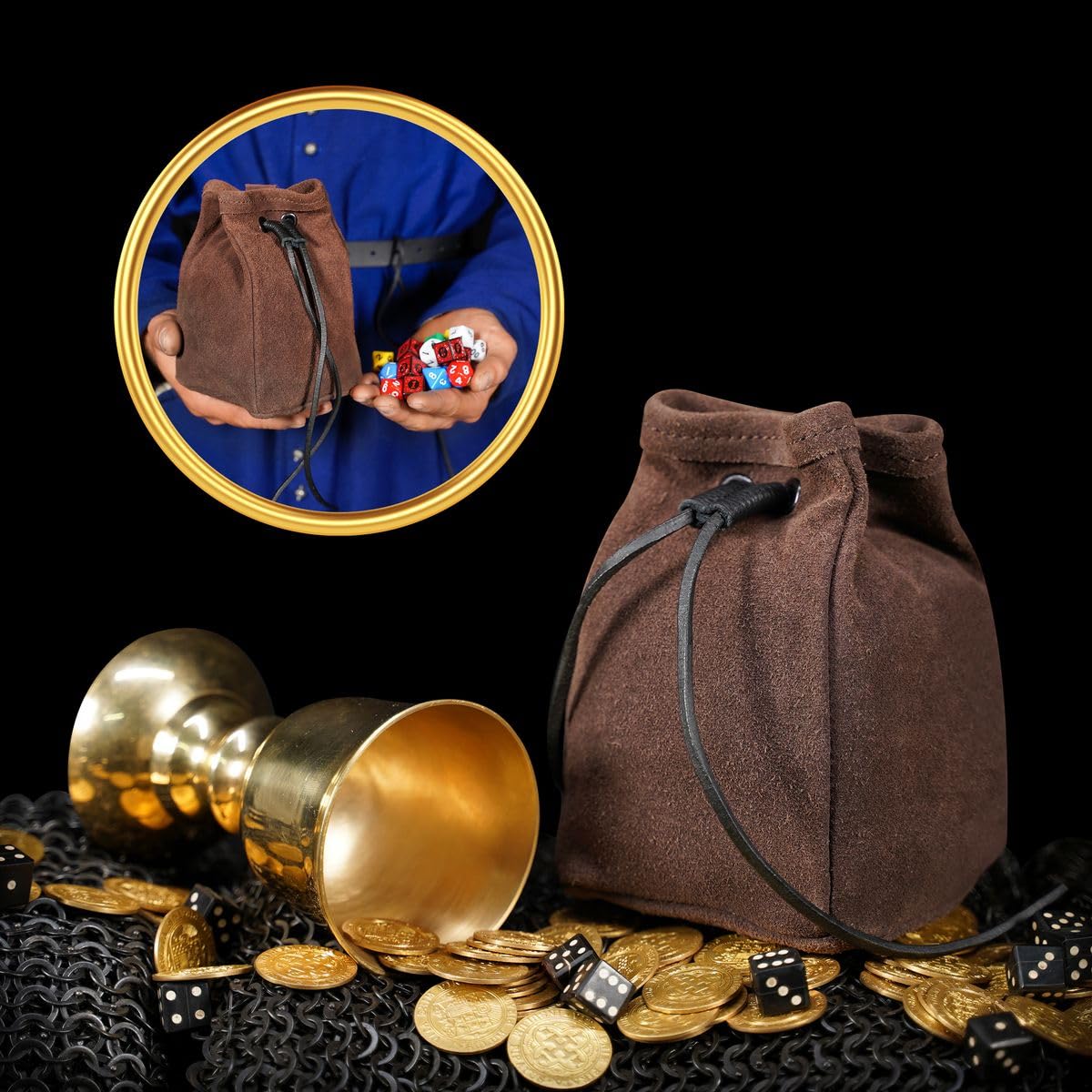 Medieval Drawstring Belt Pouch Medeival Suede Leather Bag Renaissance Waist Purse LARP Cosplay Costume Accessories Jewelry Coin Pouch - Chocolate Brown, 6.5" x 4"