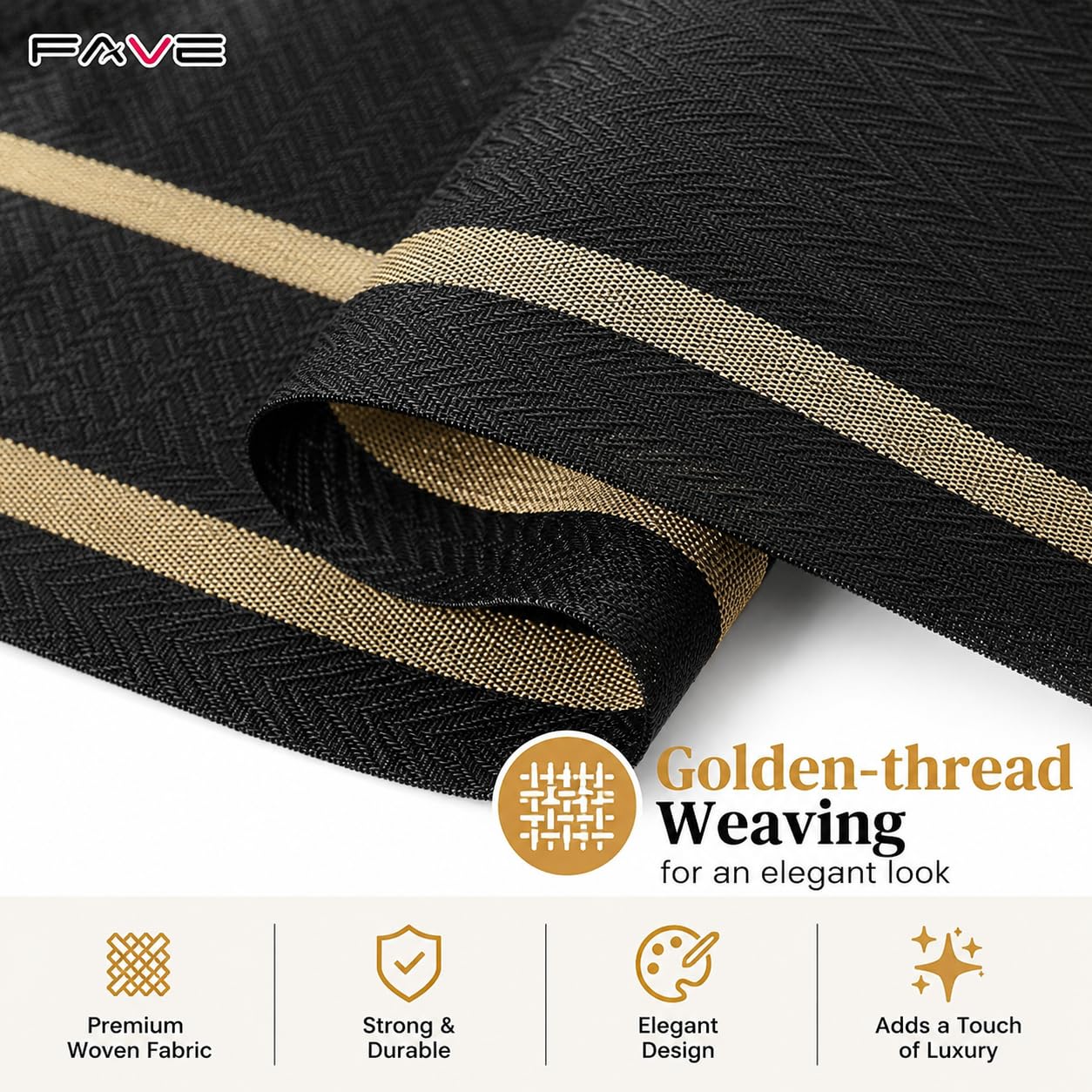 FAVE Woven Vinyl Table Runner Black Table Runner Woven with Golden Threads 72x12 Inches Wipeable Waterproof Dining Table Mats for Wedding, Banquets,Party, Restaurant (Black-72x12)