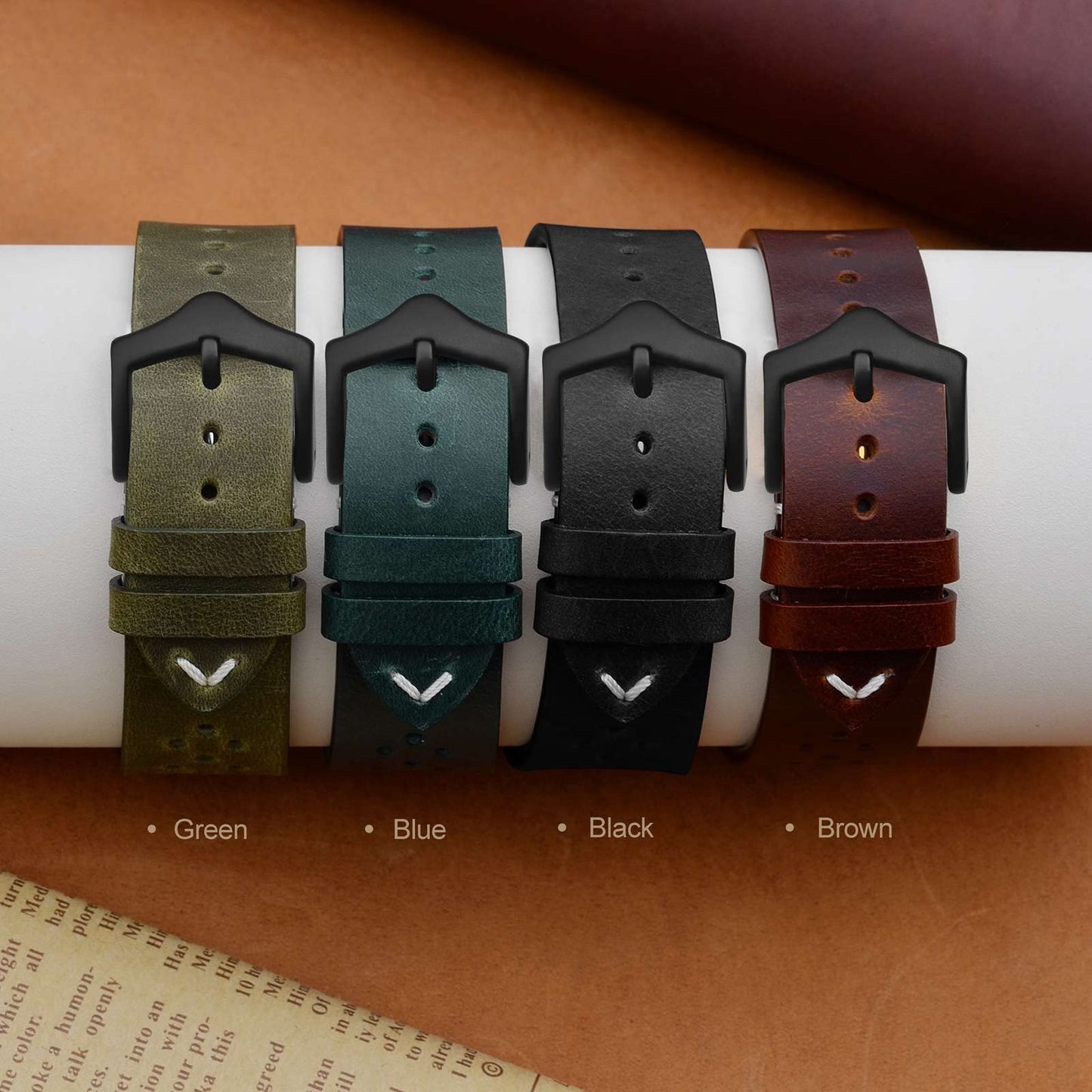 ANNEFIT Vintage Leather Watch Strap 18mm, Quick Release Replacement Band for Men and Women with Black Buckle (Black)